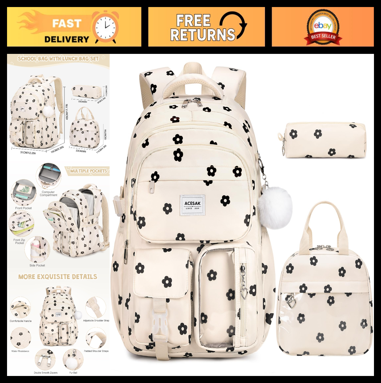 Stylish Girls Backpack with Lunch Bag & Pencil Pouch   Teen Laptop Bookbag, Flor0