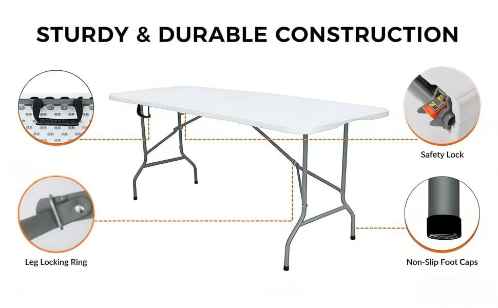 6ft Folding Table with Handle - Heavy Duty Portable for Indoor/Outdoor Events, B9