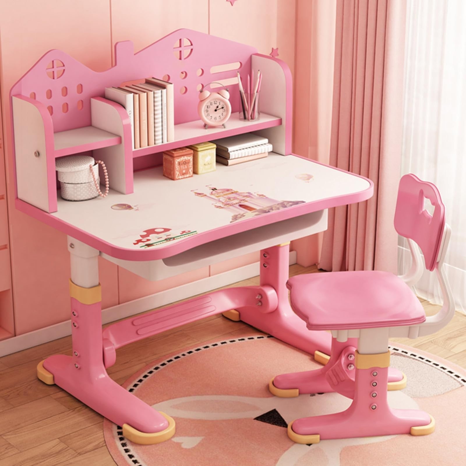 Kids Adjustable Height Study Desk & Chair Set, Cartoon Pattern, Widened Desktop,2