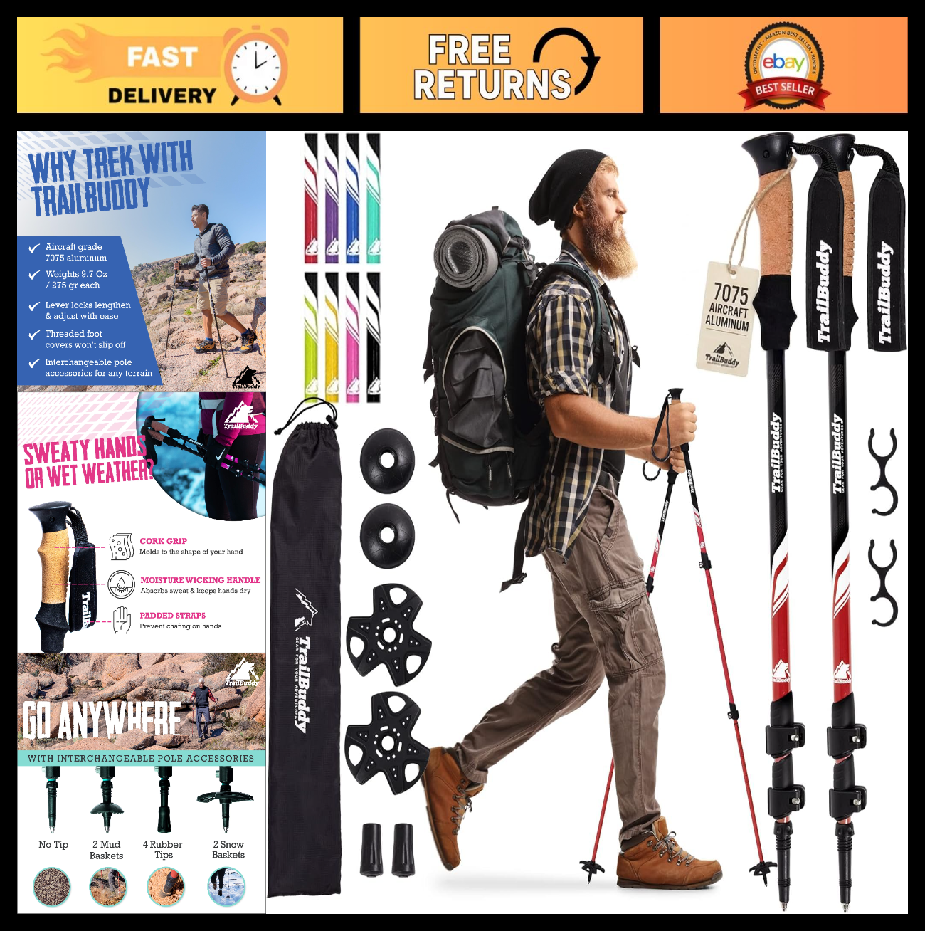 Lightweight Collapsible Trekking Poles - Aluminum Hiking Sticks for Travel & Tra0