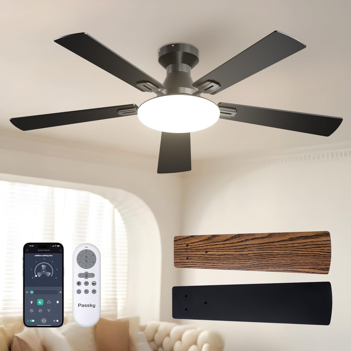 52" Black Low Profile Ceiling Fan with Lights & Remote | Dimmable, Quiet DC Moto0
