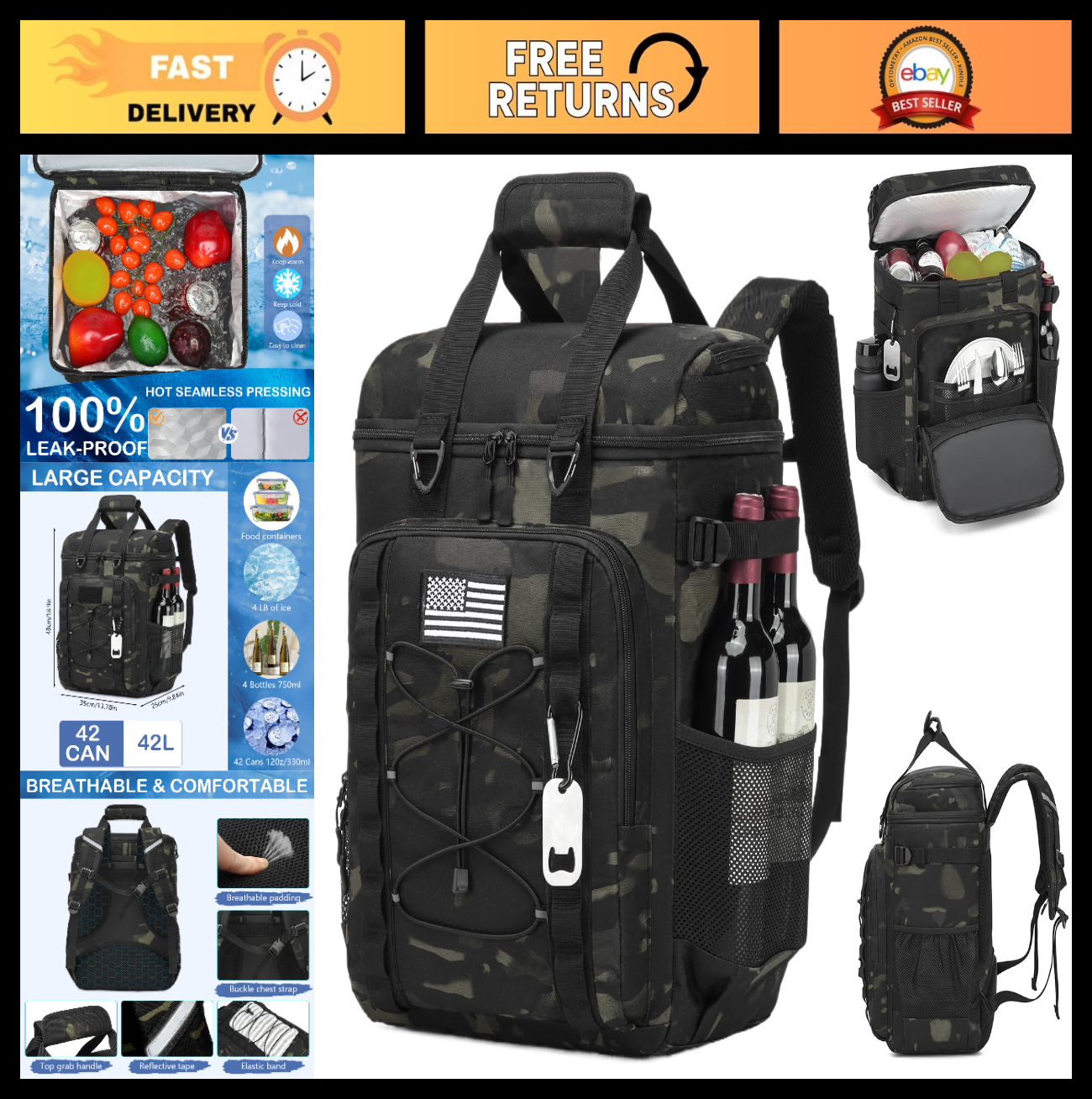 Insulated Tactical Backpack Cooler - 42 Can Soft Cooler for Camping, Hiking, Bea0