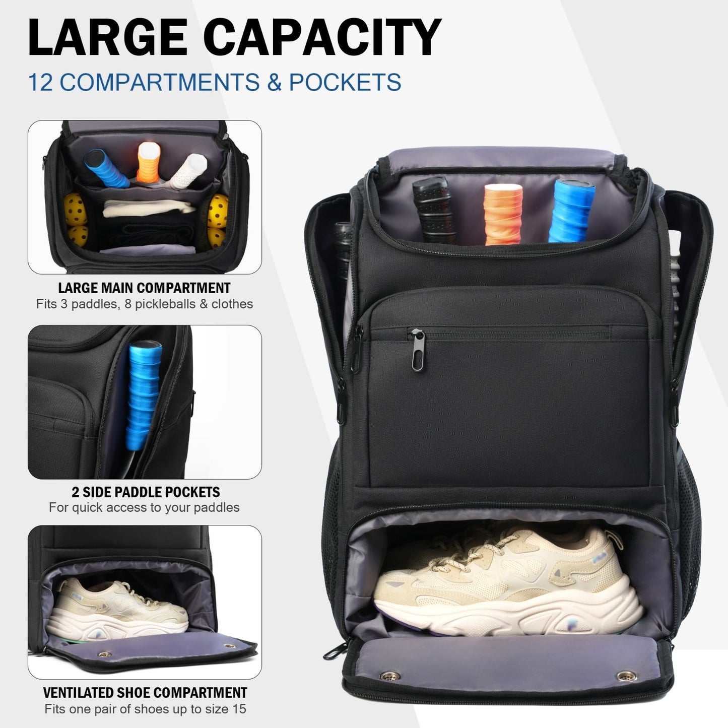 Large Pickleball Backpack for 4+ Paddles, Shoe Compartment & Fence Hook - Perfec2