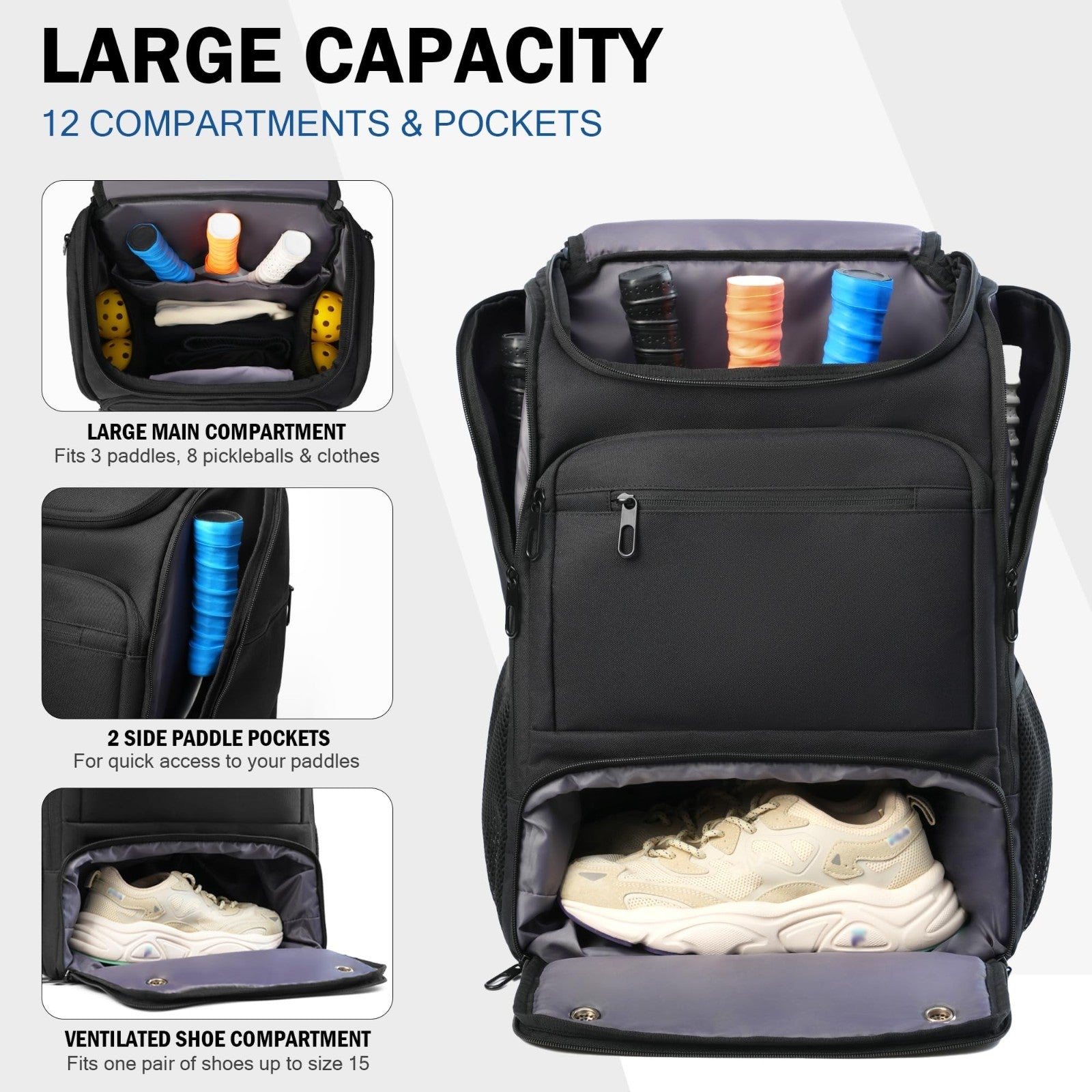 Large Pickleball Backpack for 4+ Paddles, Shoe Compartment & Fence Hook - Perfec2