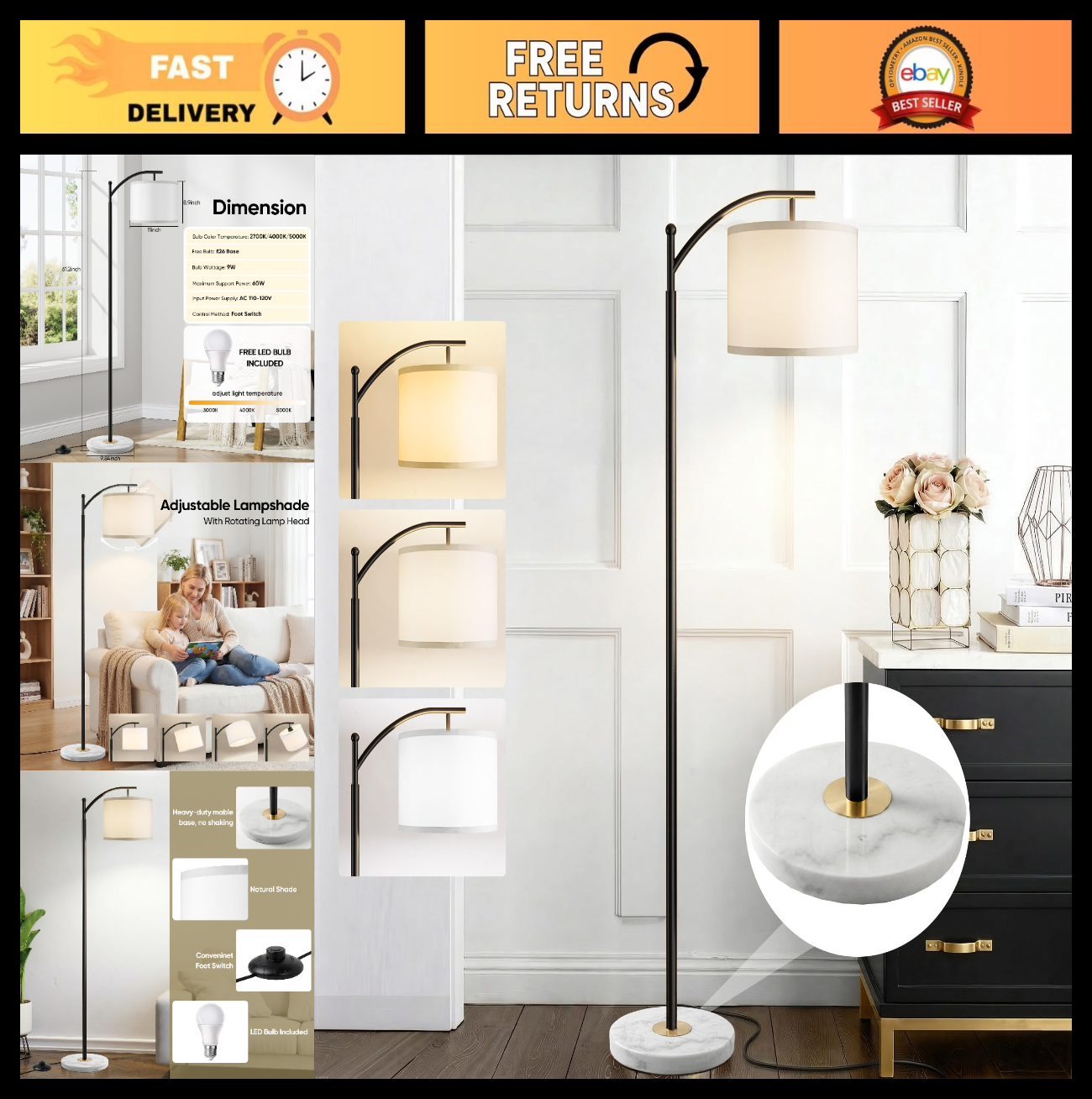 Modern Floor Lamp with Marble Base, Adjustable Linen Shade & 3 Color Temperature0