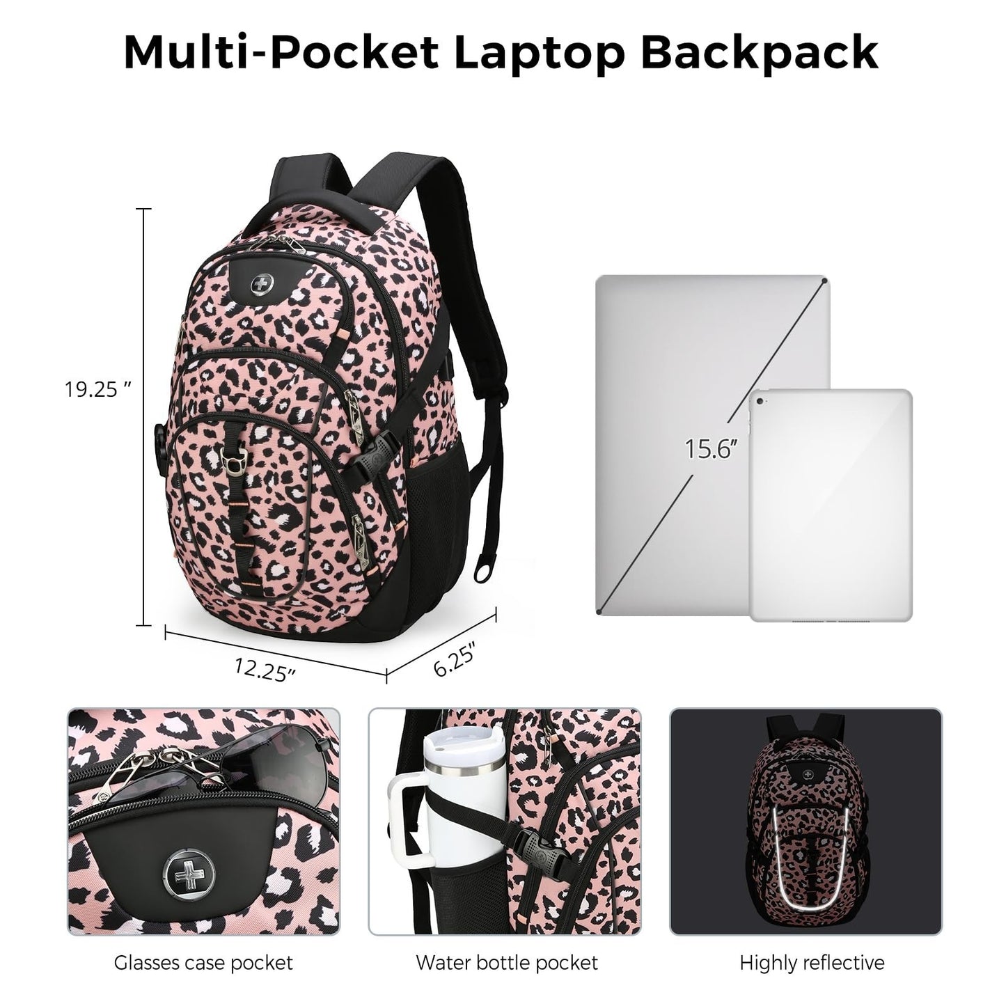 Stylish Pink Leopard Laptop Backpack with USB Charging Port, Fits 15.6" Laptops,2