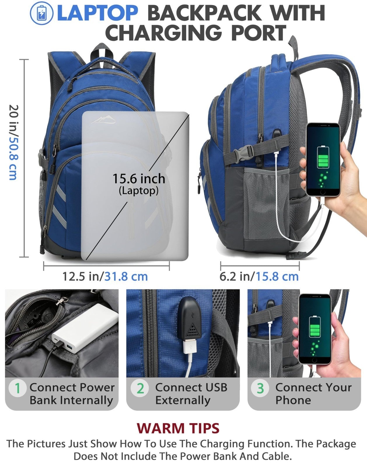 College Laptop Backpack, 15.6" Travel Bookbag with USB Charging Port, Anti Theft3