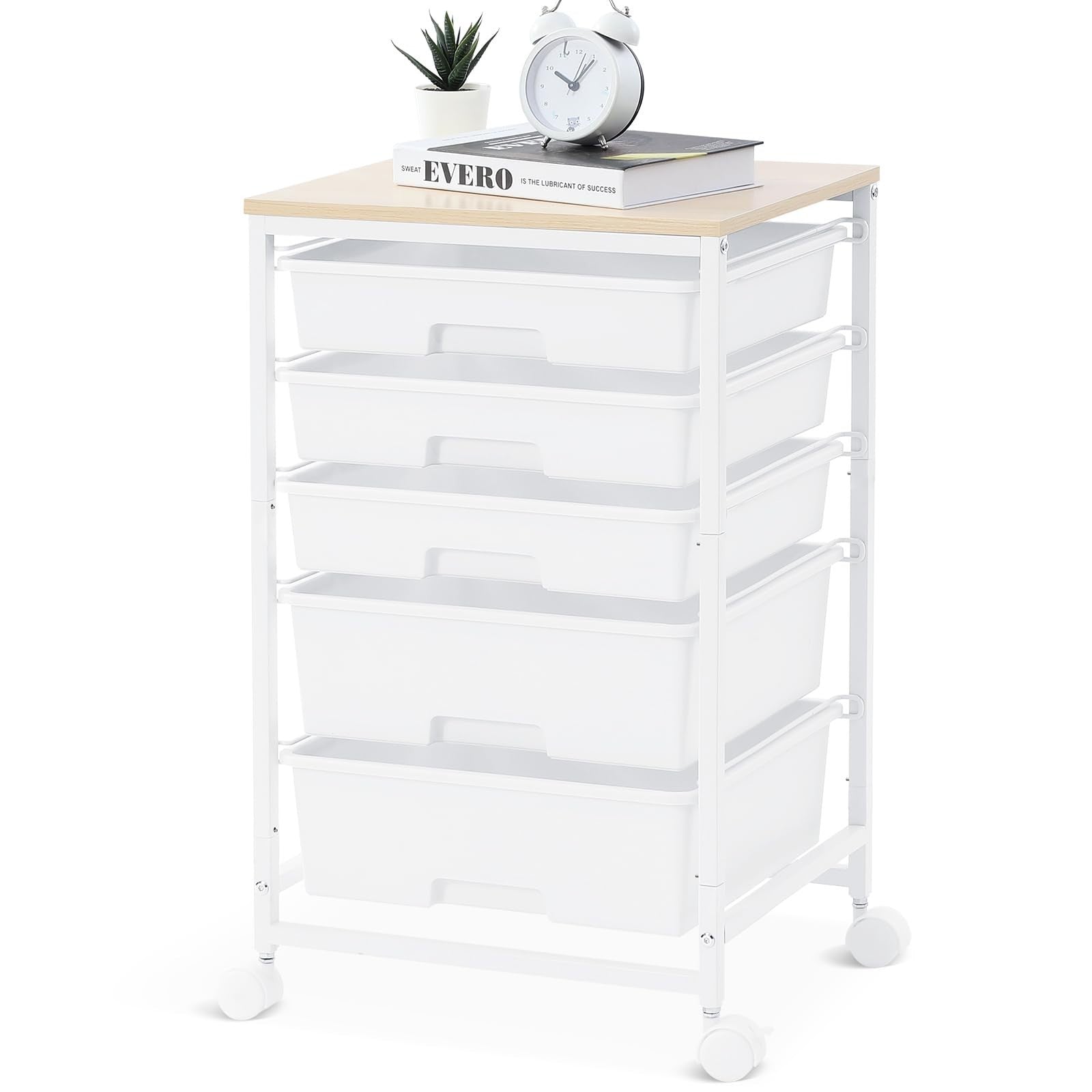 5 Drawer Utility Cart with Wooden Top, Lockable Wheels, Rolling Craft Storage Tr1