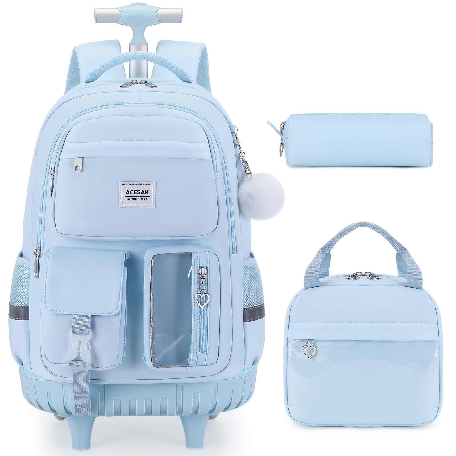 Rolling Backpack for Girls with Lunch Bag & Pencil Pouch   Wheeled Bookbag for S1