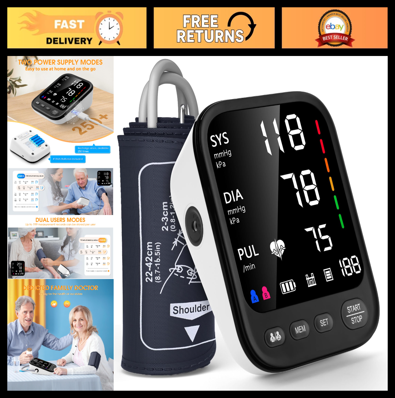 Automatic Upper Arm Blood Pressure Monitor, Large Cuff 9 17", Backlit Screen, Ar0