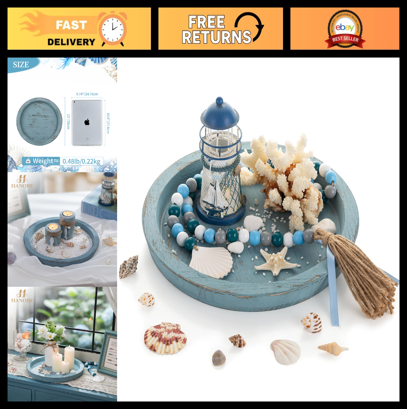 Coastal Farmhouse Decorative Tray - Round Wooden Ocean Style Centerpiece for Bea0