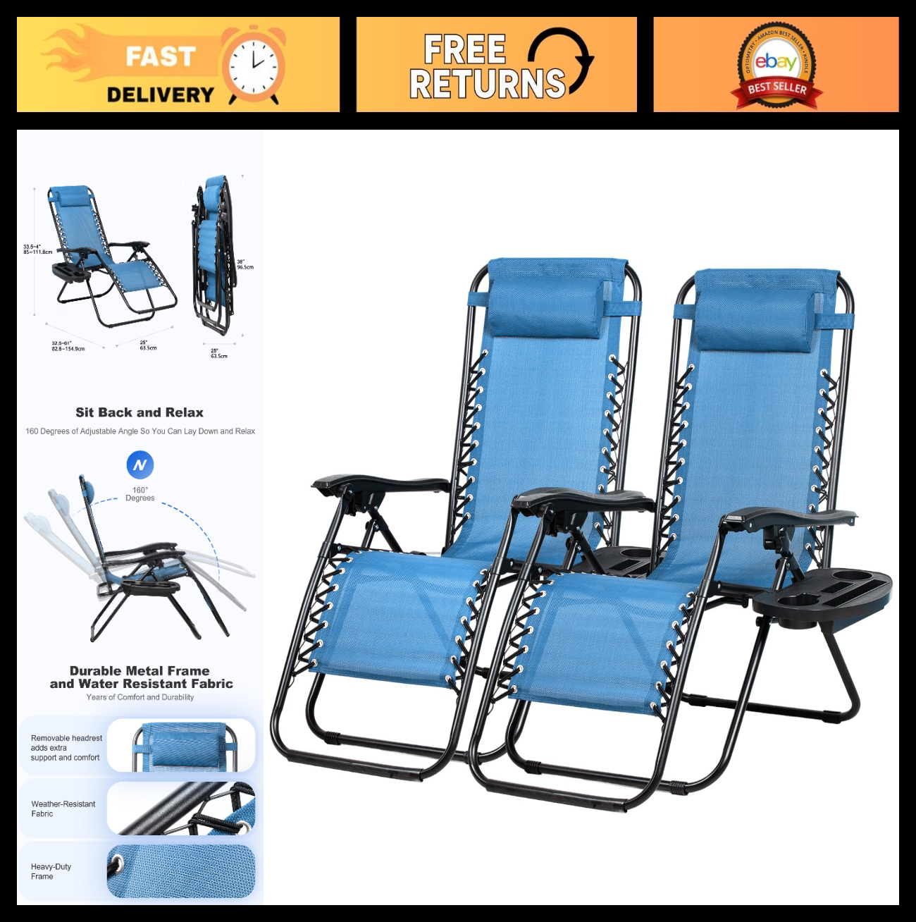 Set of 2 Adjustable Zero Gravity Lounge Chairs   Relaxing Patio Recliners with P0