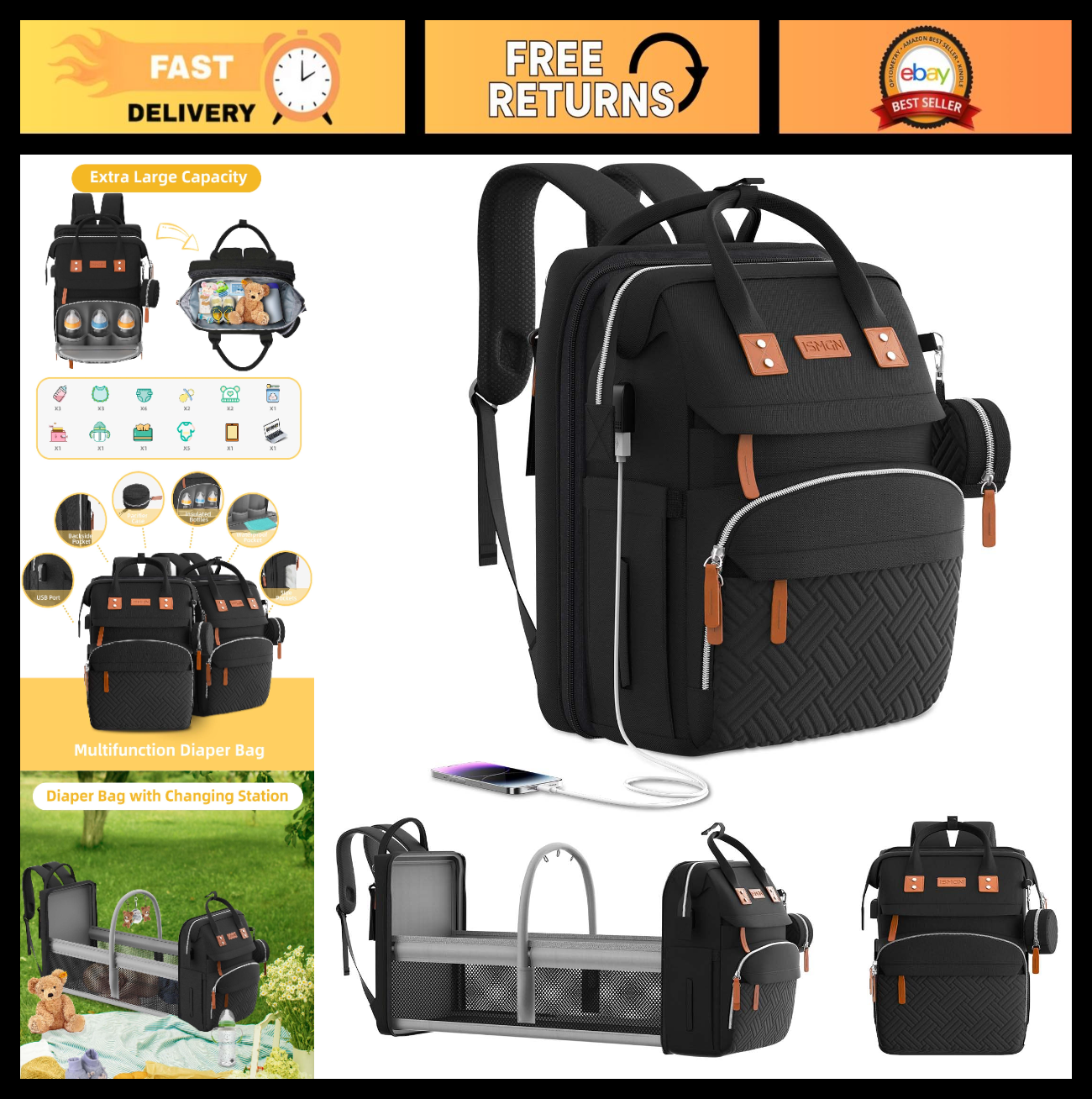 Diaper Bag Backpack with Changing Station, Baby Travel Bag for Boys, Black0