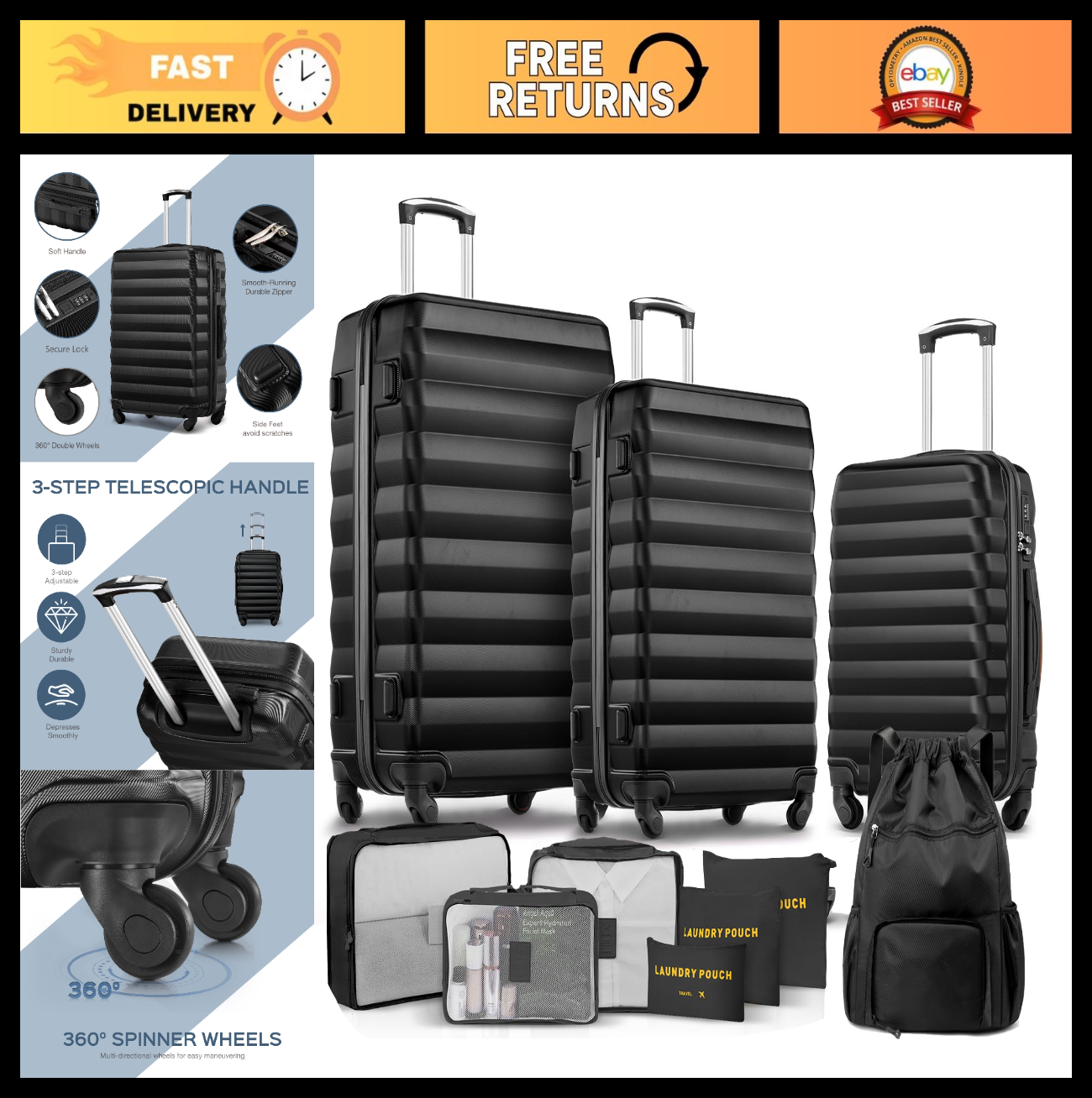 3-Piece Hard Shell Luggage Set with Spinner Wheels, Carry-On Suitcase & Packing0