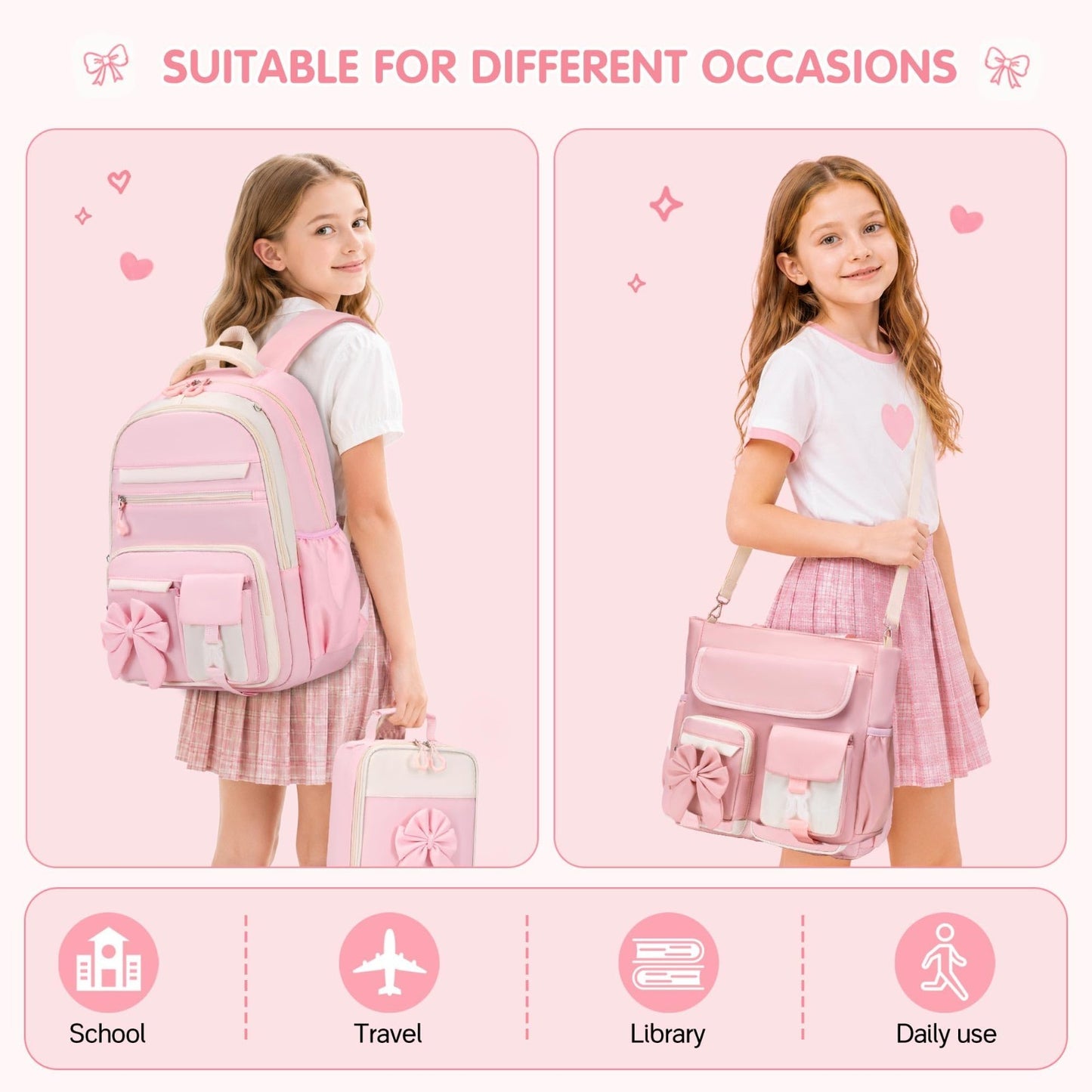 4PCS Girls Backpack Set   Includes Tote Bag, Lunch Bag & Pencil Case, School Sup5