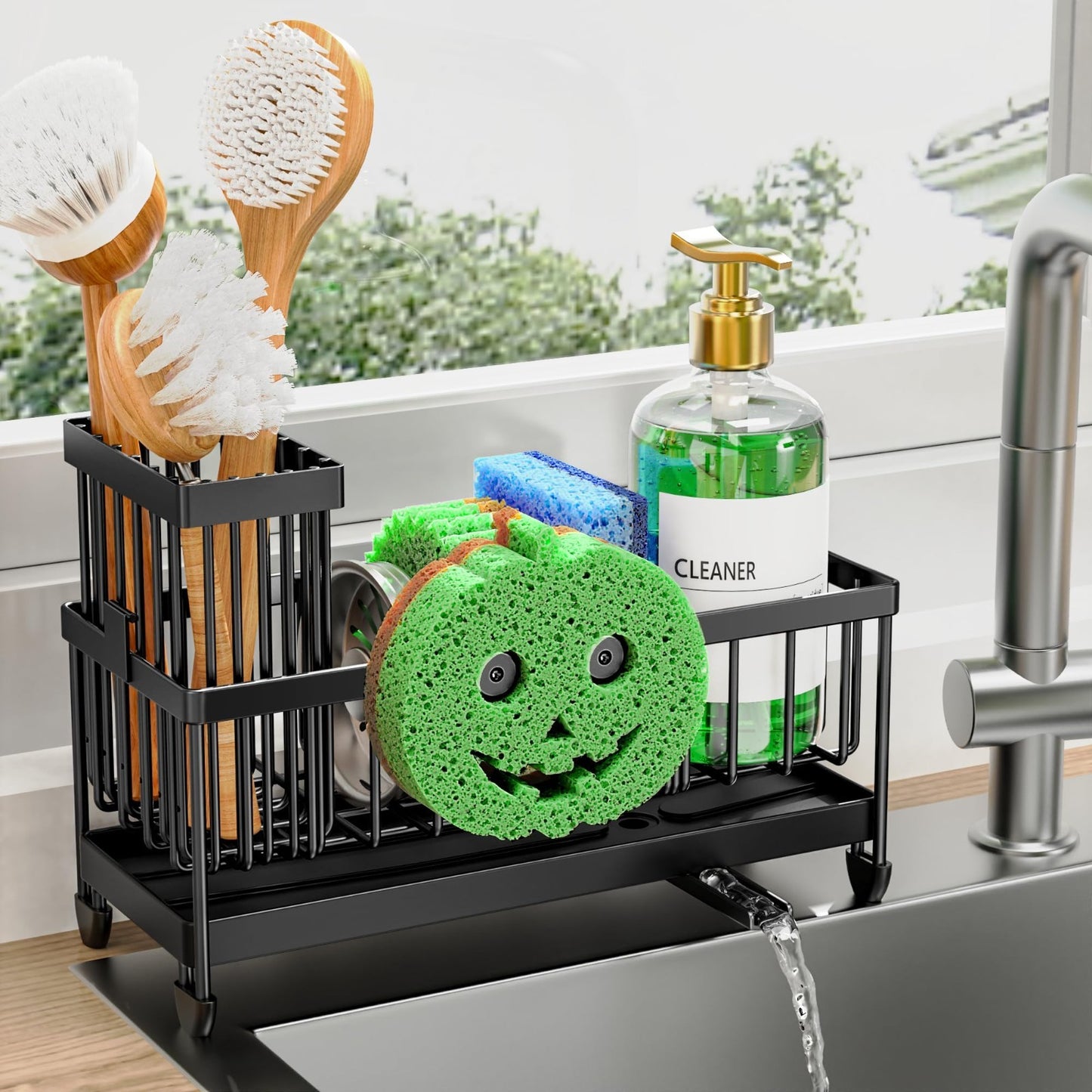 Kitchen Sink Sponge Holder Caddy Organizer, Rustproof 304 Stainless Steel, Black1