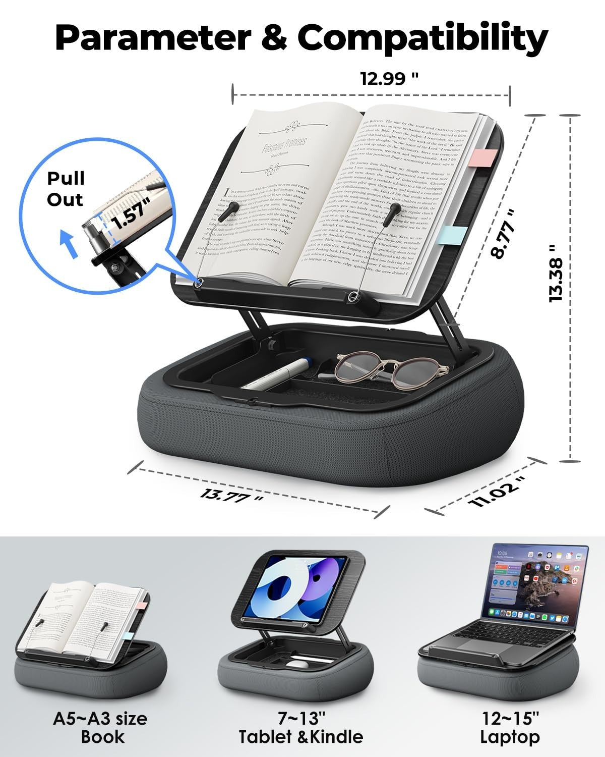 Adjustable Lap Book Pillow Stand with Storage, Multi-Angle Reading Cushion for B2