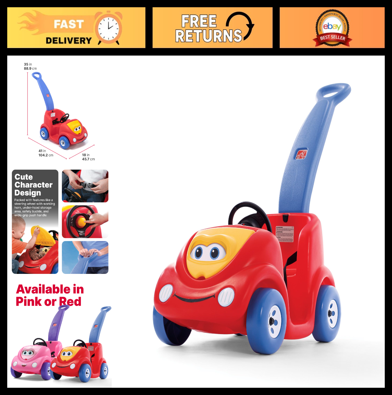 Toddler Push Car Buggy with Seat Belt & Horn - Ride-On Toy for Kids 18 Months+0