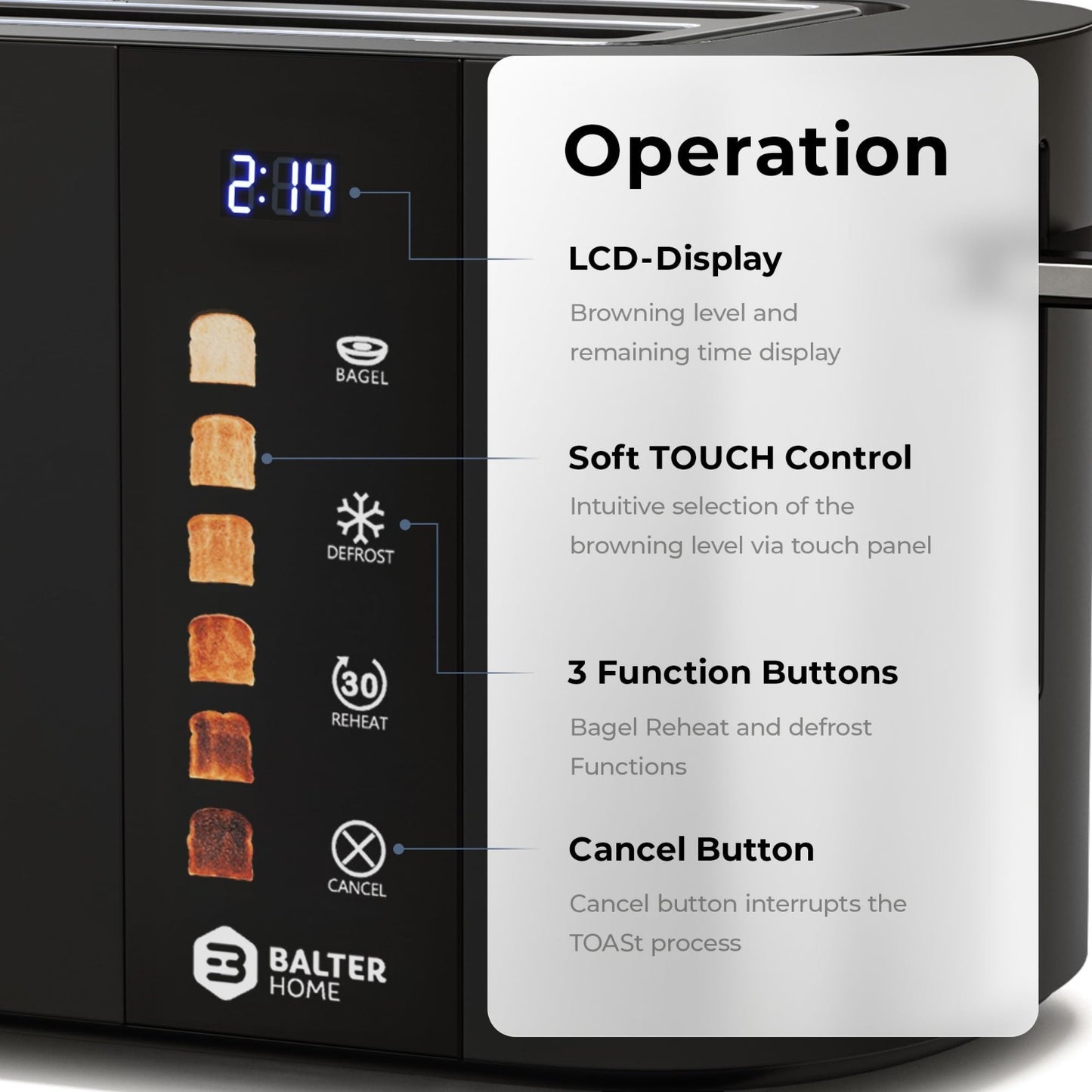 4 Slice Wide Slot Toaster with Bagel Function, Touch Screen, Stainless Steel, Ex5