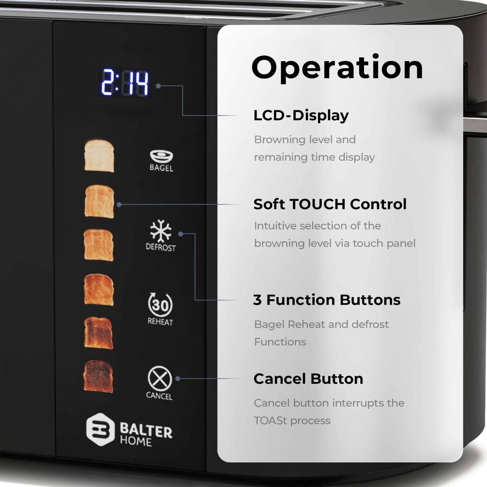 4 Slice Wide Slot Toaster with Bagel Function, Touch Screen, Stainless Steel, Ex5