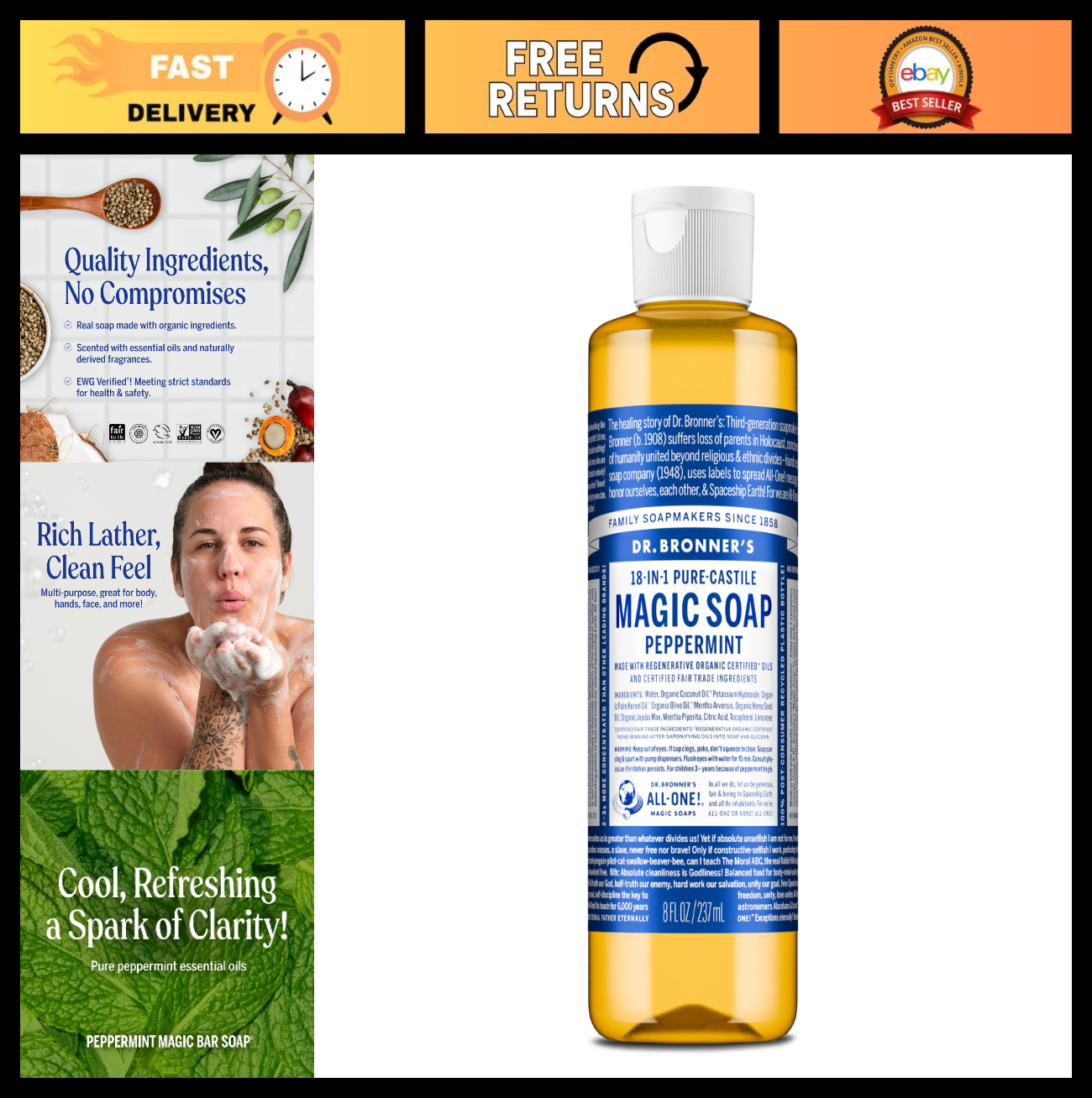 Peppermint Liquid Soap 8 oz - 18-in-1 Multi-Purpose Body Wash, Shampoo, Hand Soa0