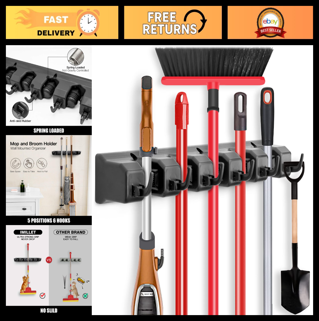 Wall Mount Mop and Broom Holder - Space-Saving Organizer Tool Rack for Home Stor0