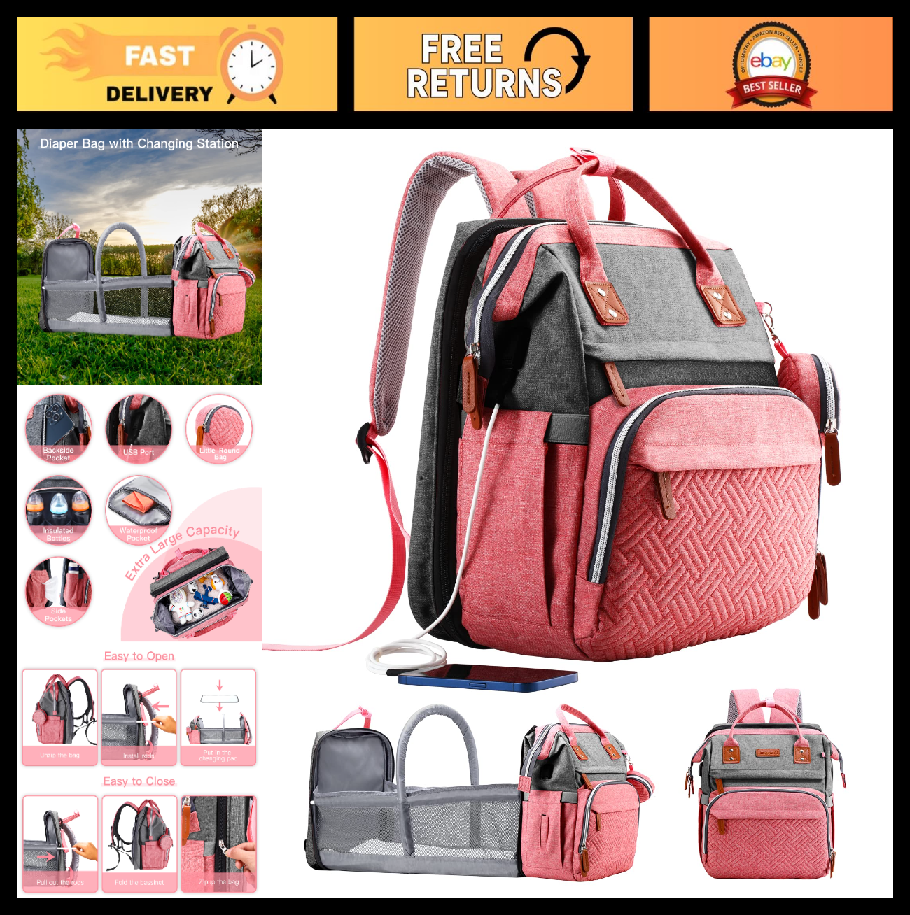 Diaper Bag Backpack with Changing Station, Stylish Baby Bag for Girls, Pink0