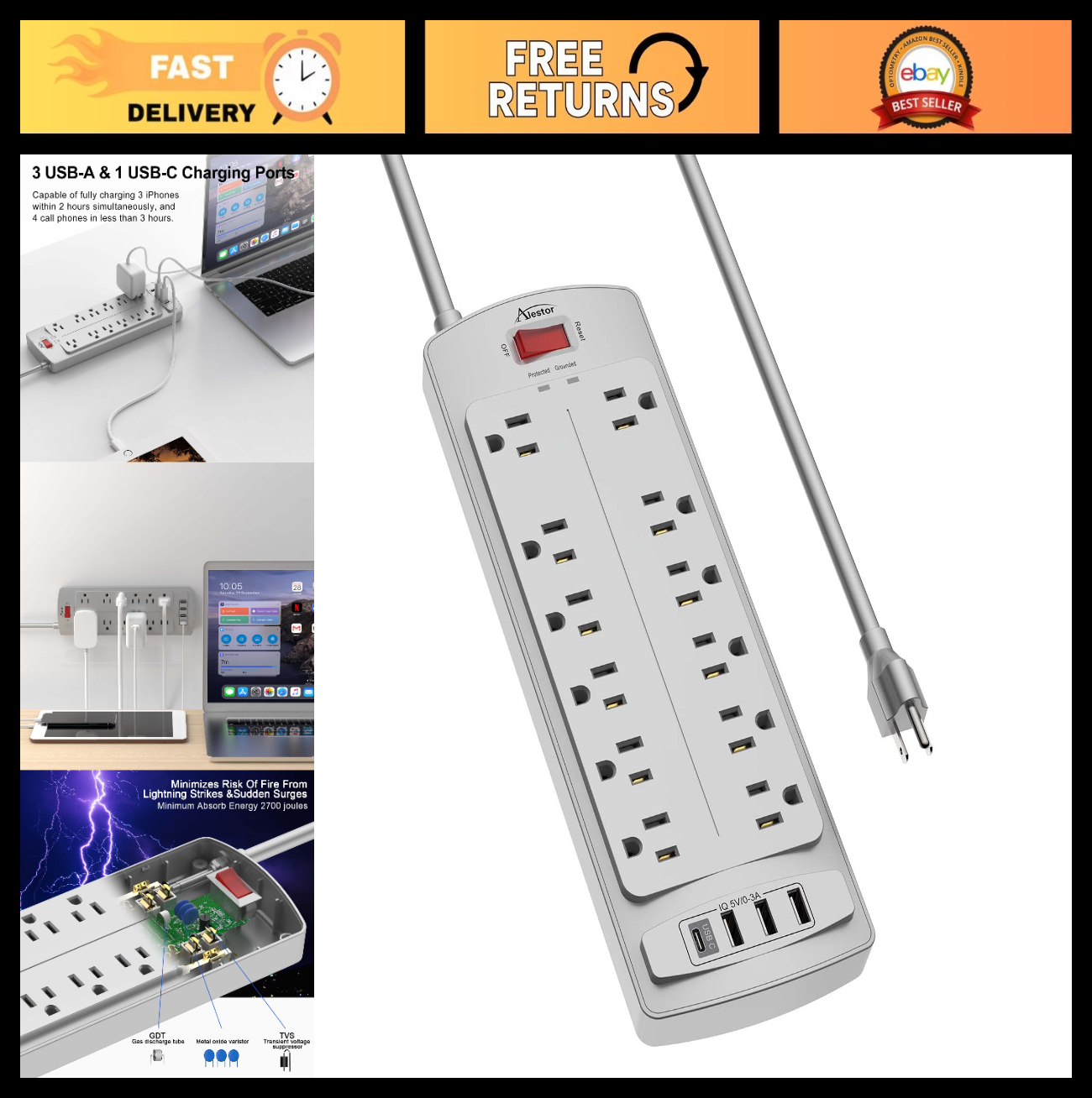 Surge Protector Power Strip with 12 Outlets & 4 USB Ports, 6ft Cord, 2700J ETL0