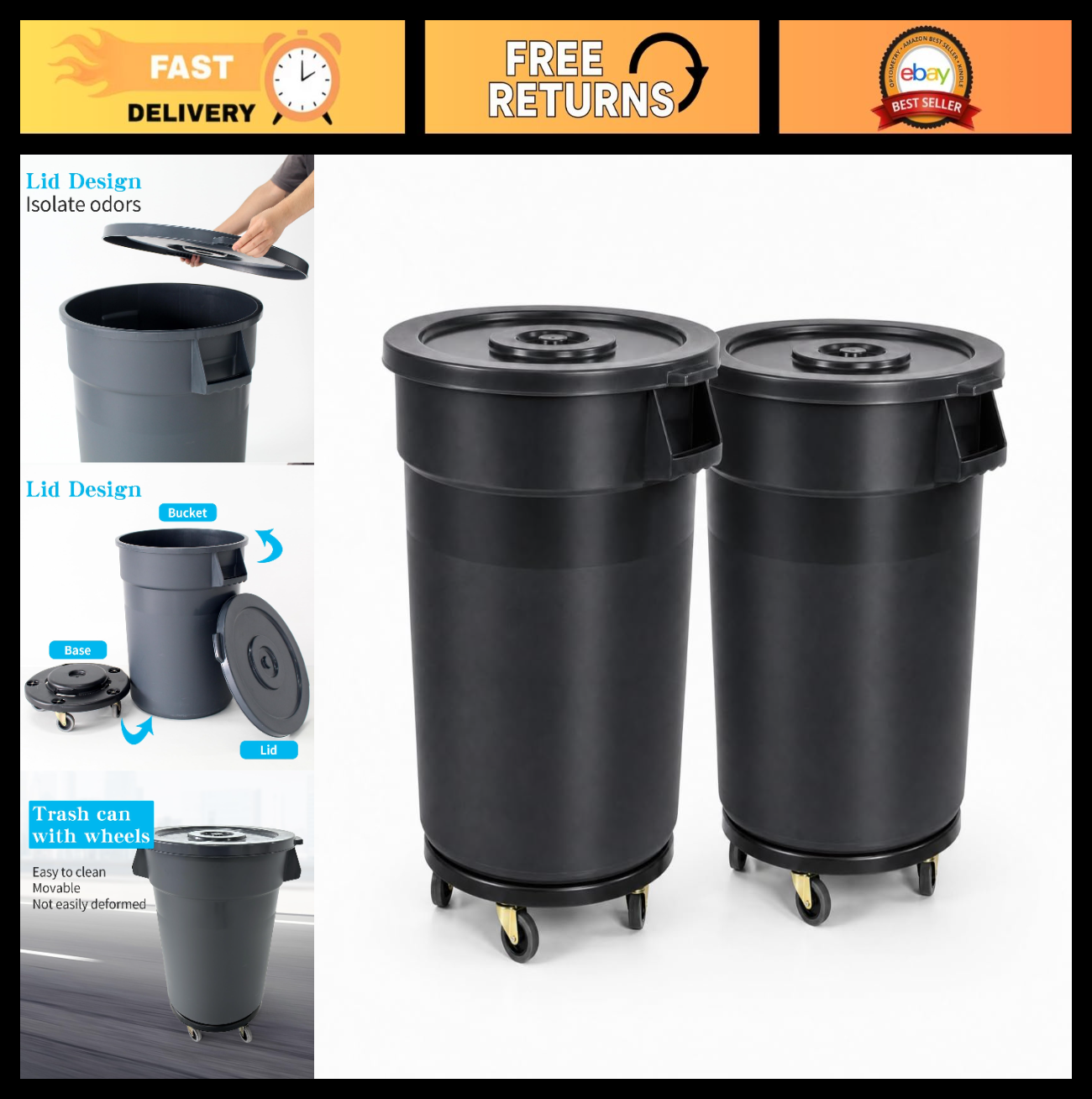 32 Gallon Heavy Duty Outdoor Trash Can with Lid & Wheels, 2 Pack - Ideal for Pat0
