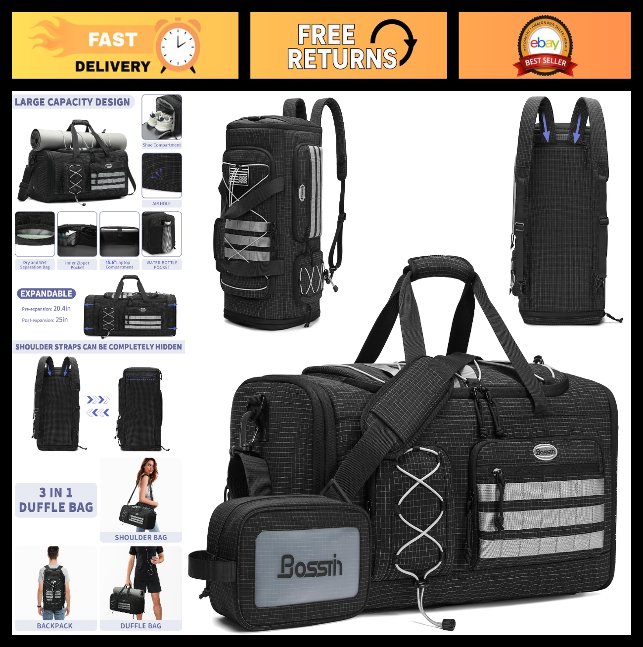 Expandable 45L 50L Sports Duffle Gym Bag for Men & Women   Travel, Workout, Fitn0