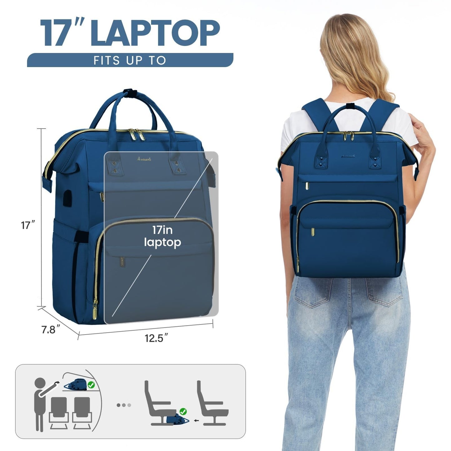 Stylish 17" Laptop Backpack for Women   Waterproof Travel Bag with USB Port, Per4
