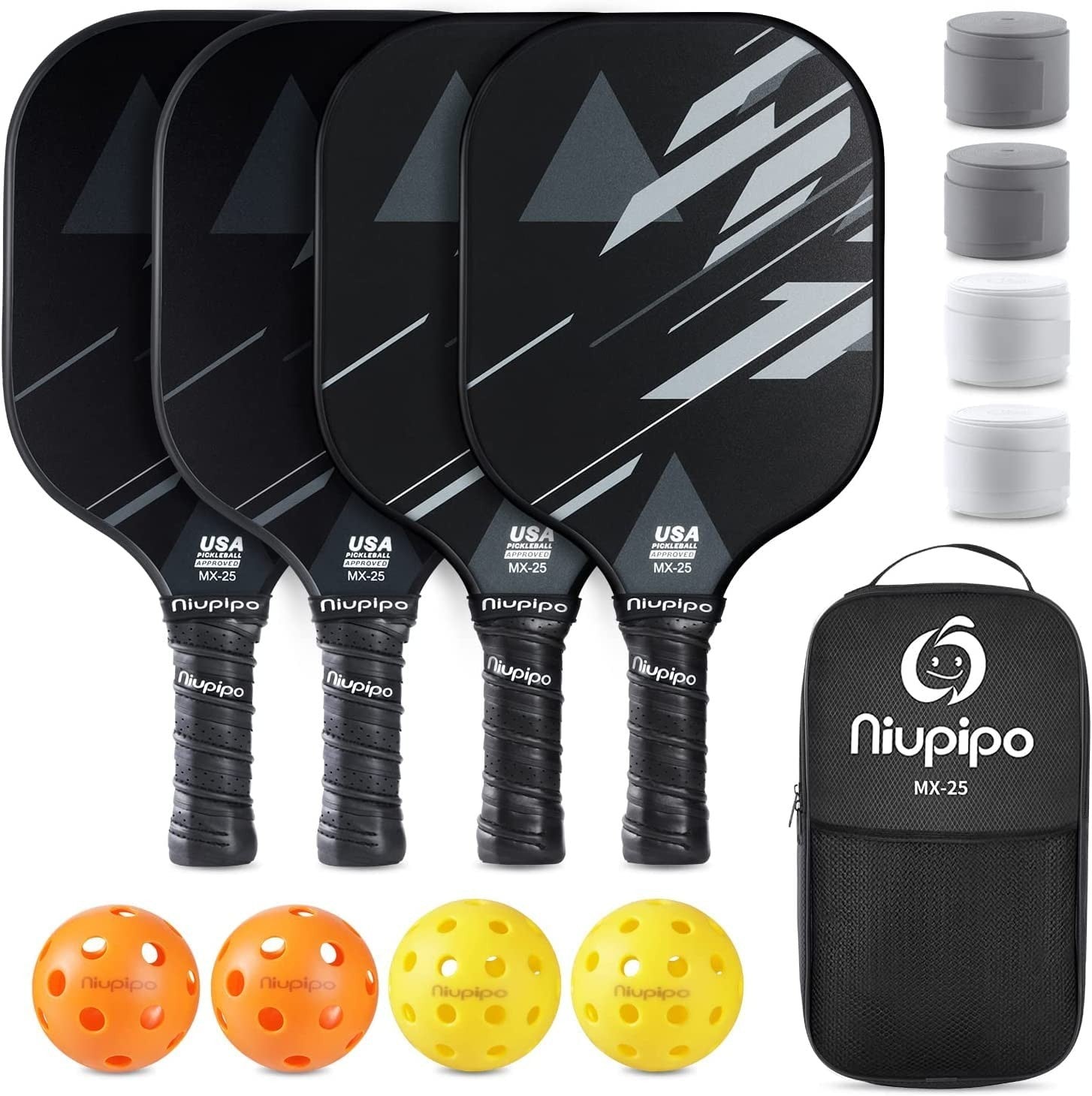 Pickleball Paddle Set of 2 or 4 - USAPA Approved, Fiberglass, Lightweight, with1