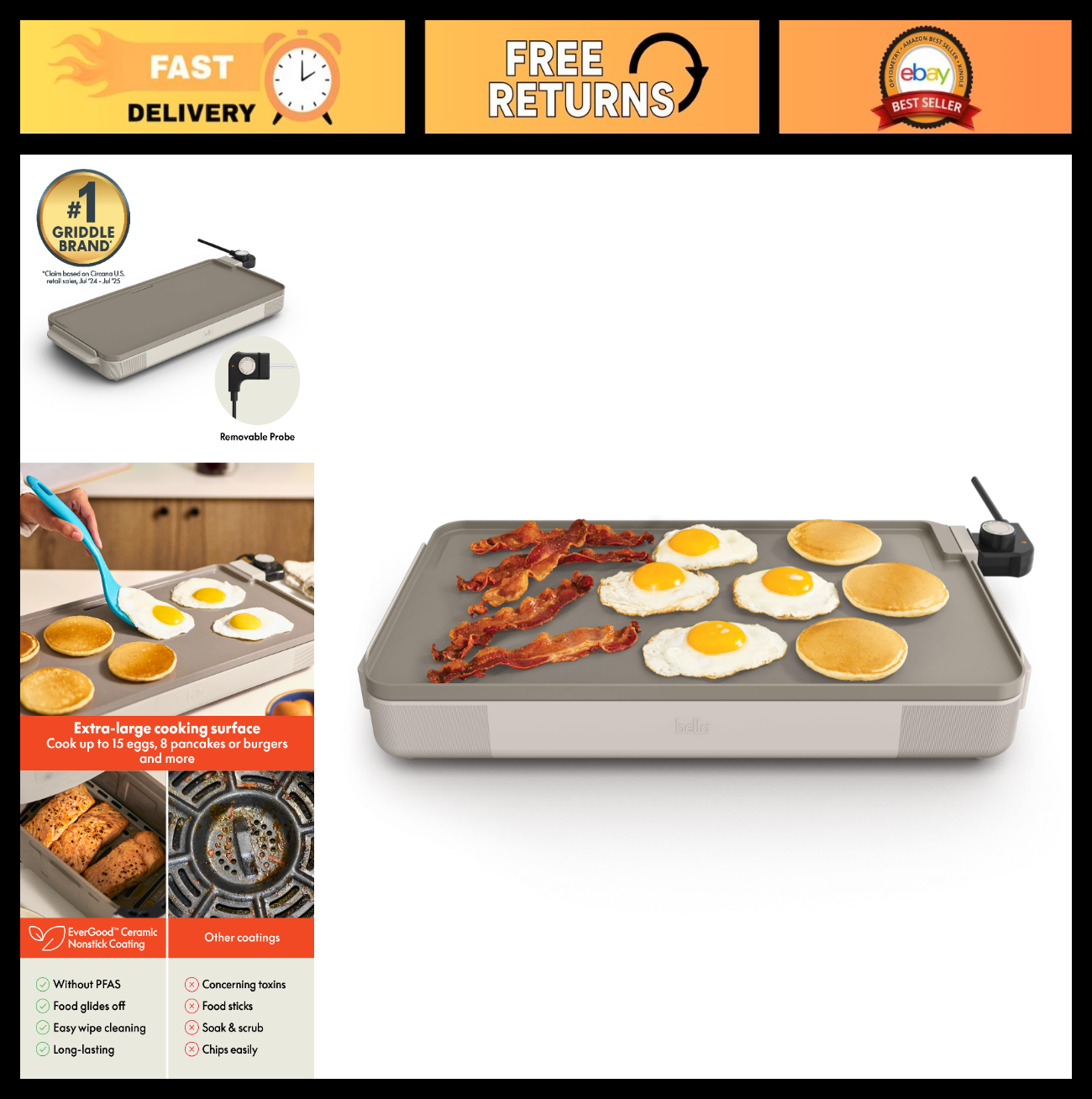 Electric Griddle 12"x22" Nonstick, Removable Probe, Dishwasher-Safe Tray, 1500W0