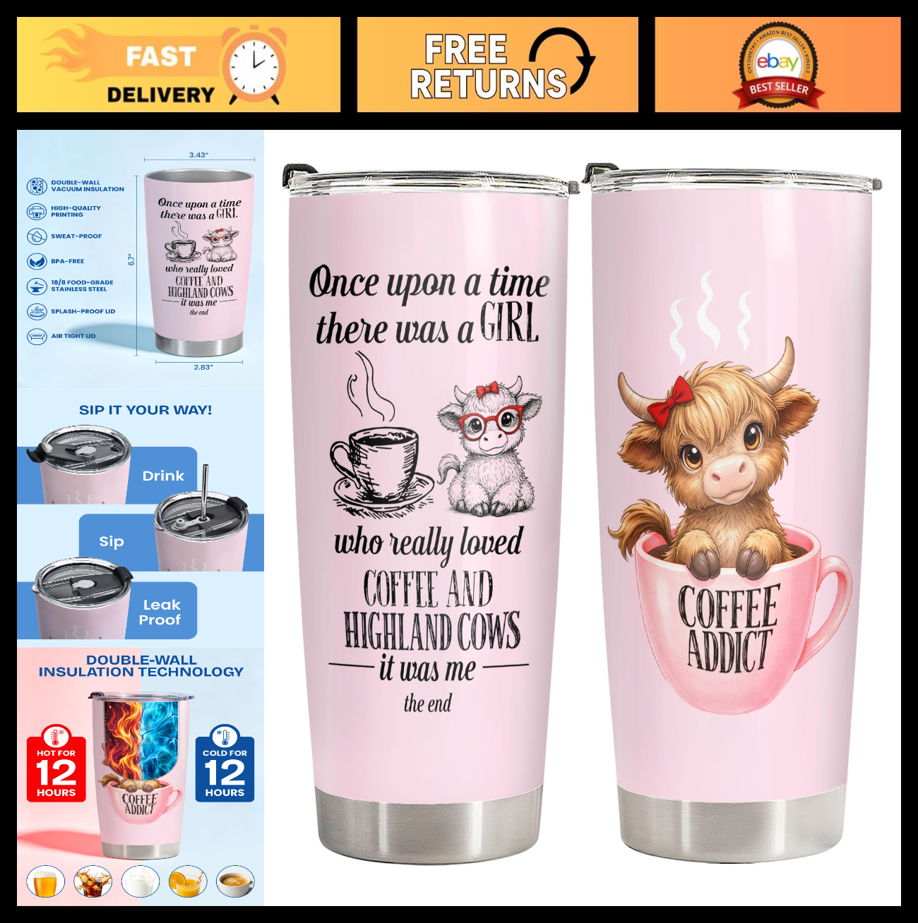 Cute Highland Cow Tumbler 20oz   Pink Insulated Travel Mug, Kawaii Farm Animal G0