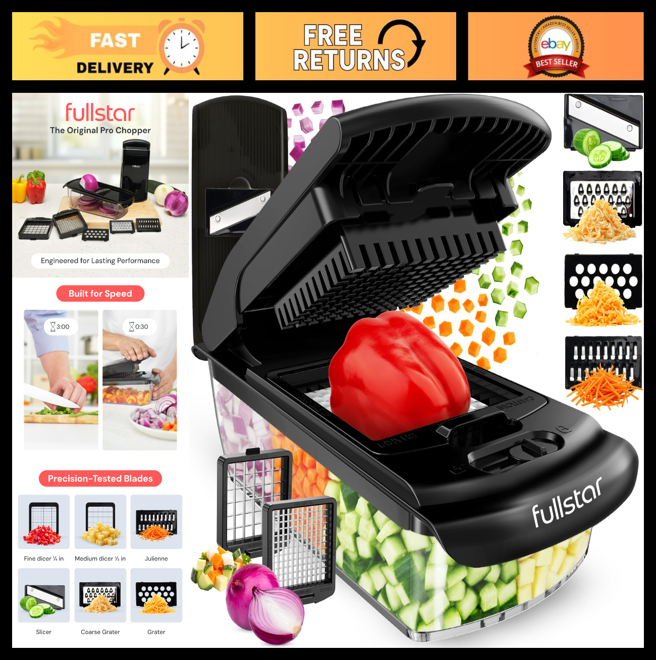 6 in 1 Vegetable Chopper & Mandoline Slicer | Sharp Stainless Steel Blades, All 0