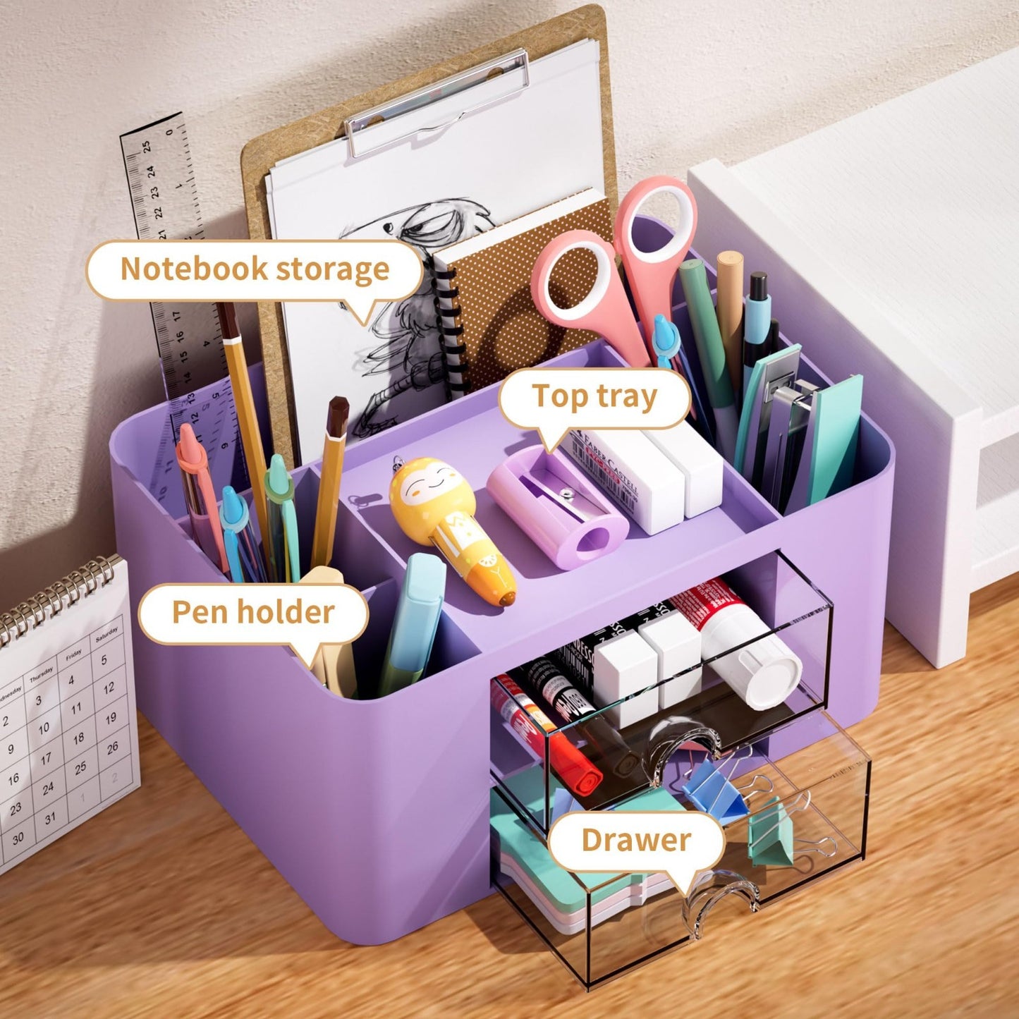 Multi Functional Desk Organizer with 2 Drawers, 5 Compartments, Pencil Holder  3