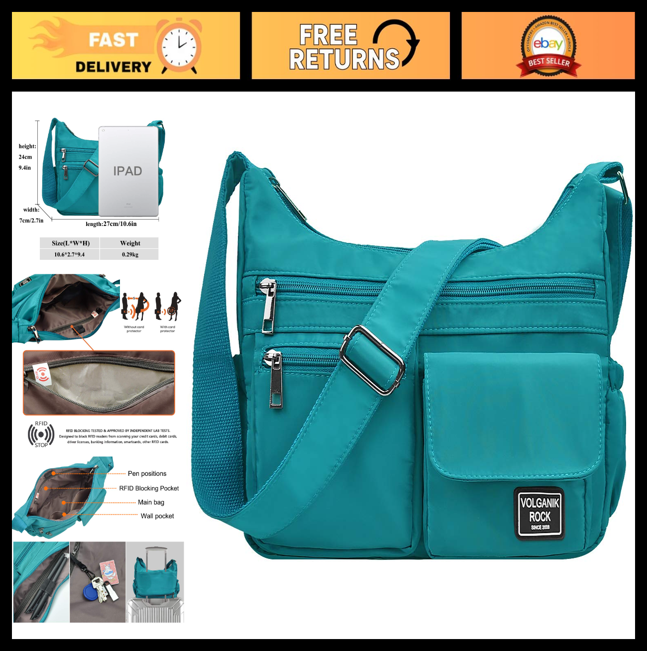 Lightweight Waterproof Crossbody Bag for Women   RFID Travel Shoulder Purse, Nyl0