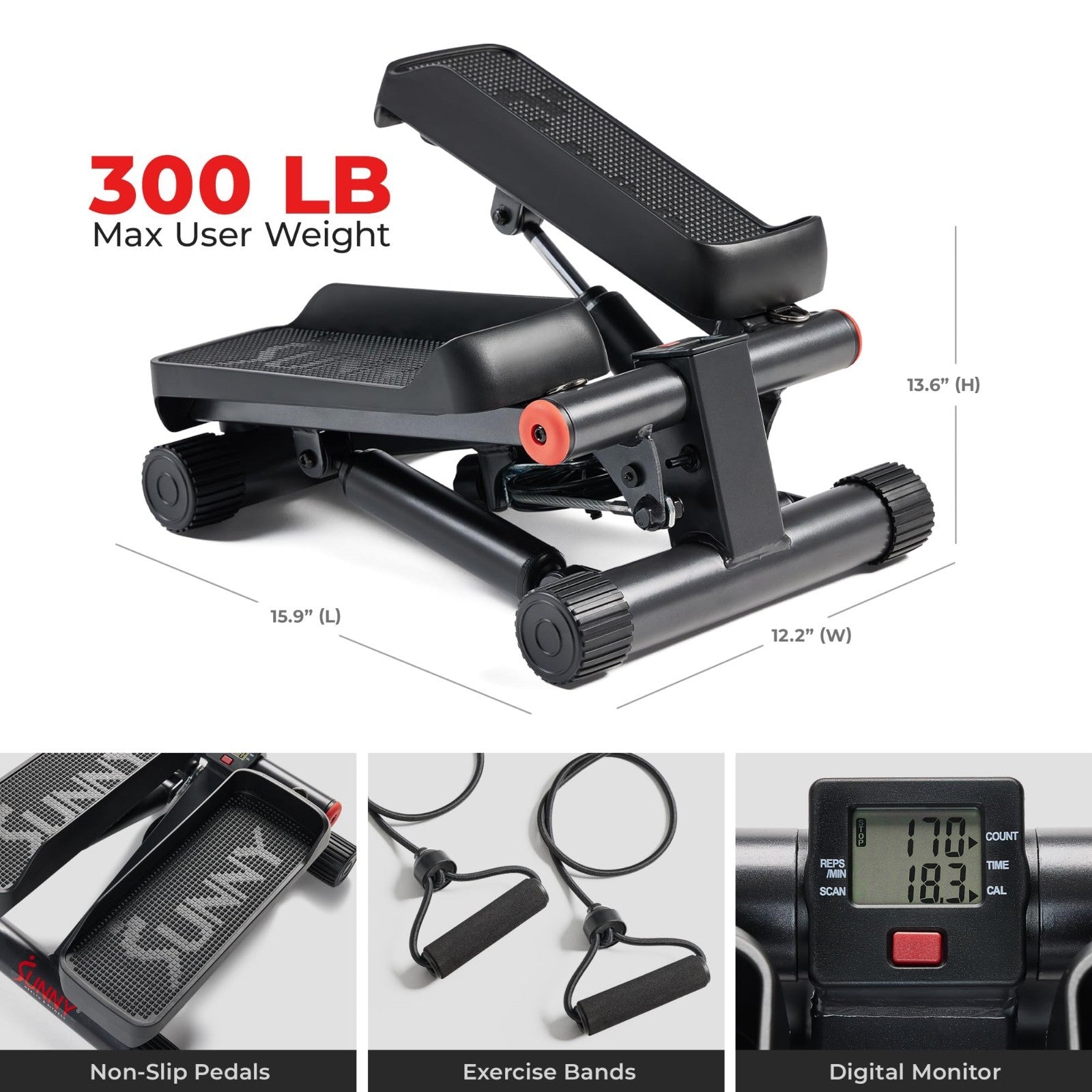 Mini Stair Stepper with Resistance Bands for Home Gym | Full Body Cardio, Adjust5