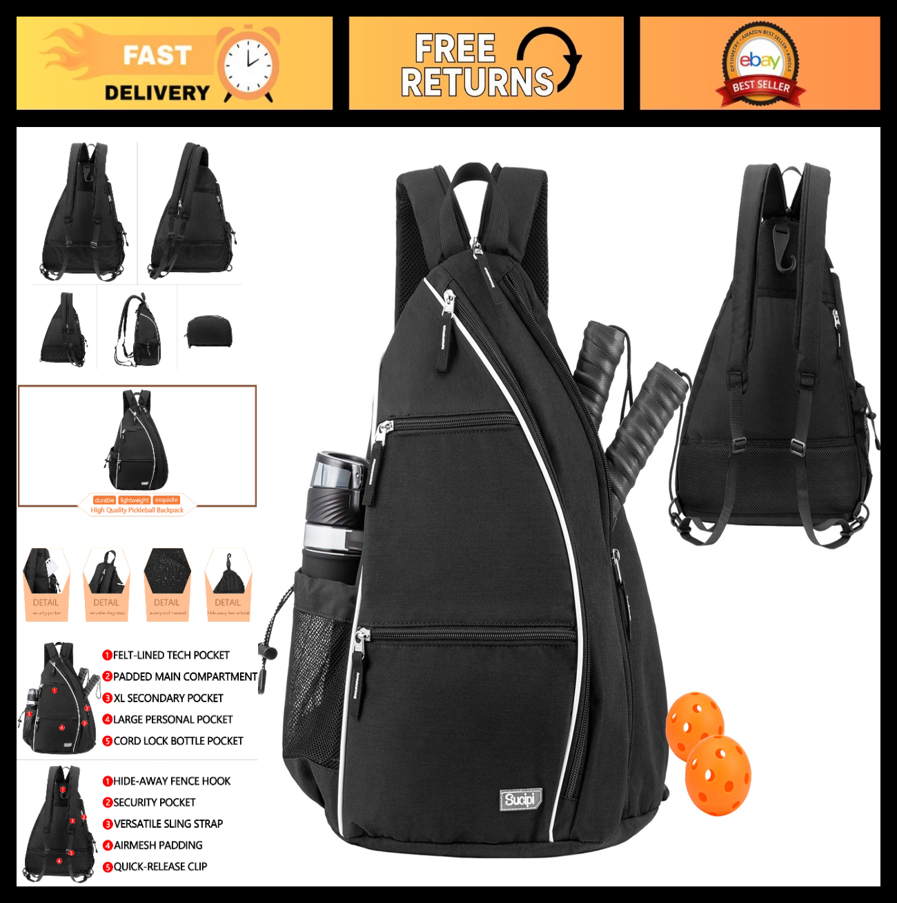 Adjustable Pickleball Backpack with Fence Hook, Large Capacity & Safety Pocket0
