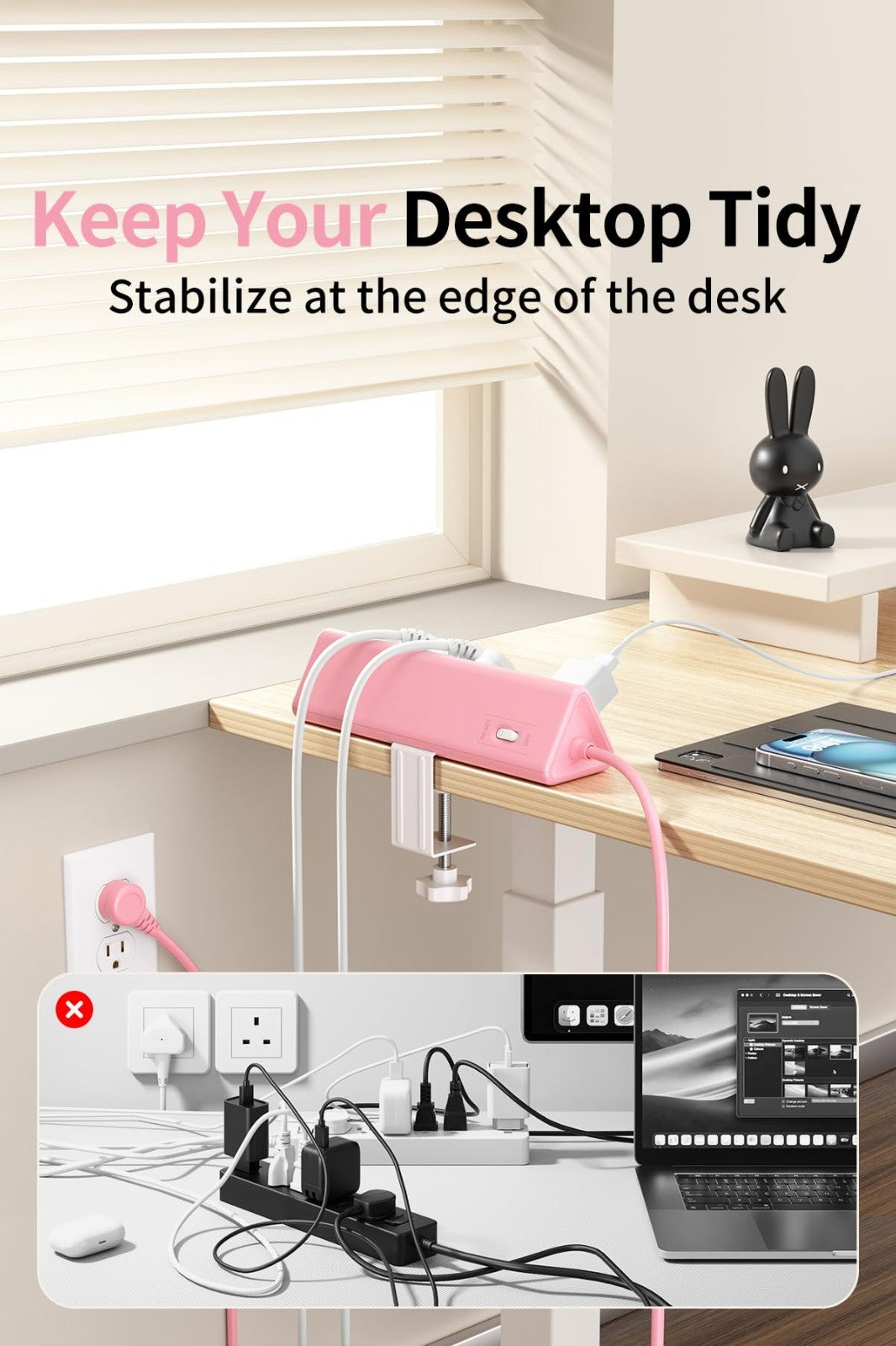 6.5FT Desk Clamp Power Strip   5 AC Outlets, 6 USB Ports, PD 40W Fast Charging,5