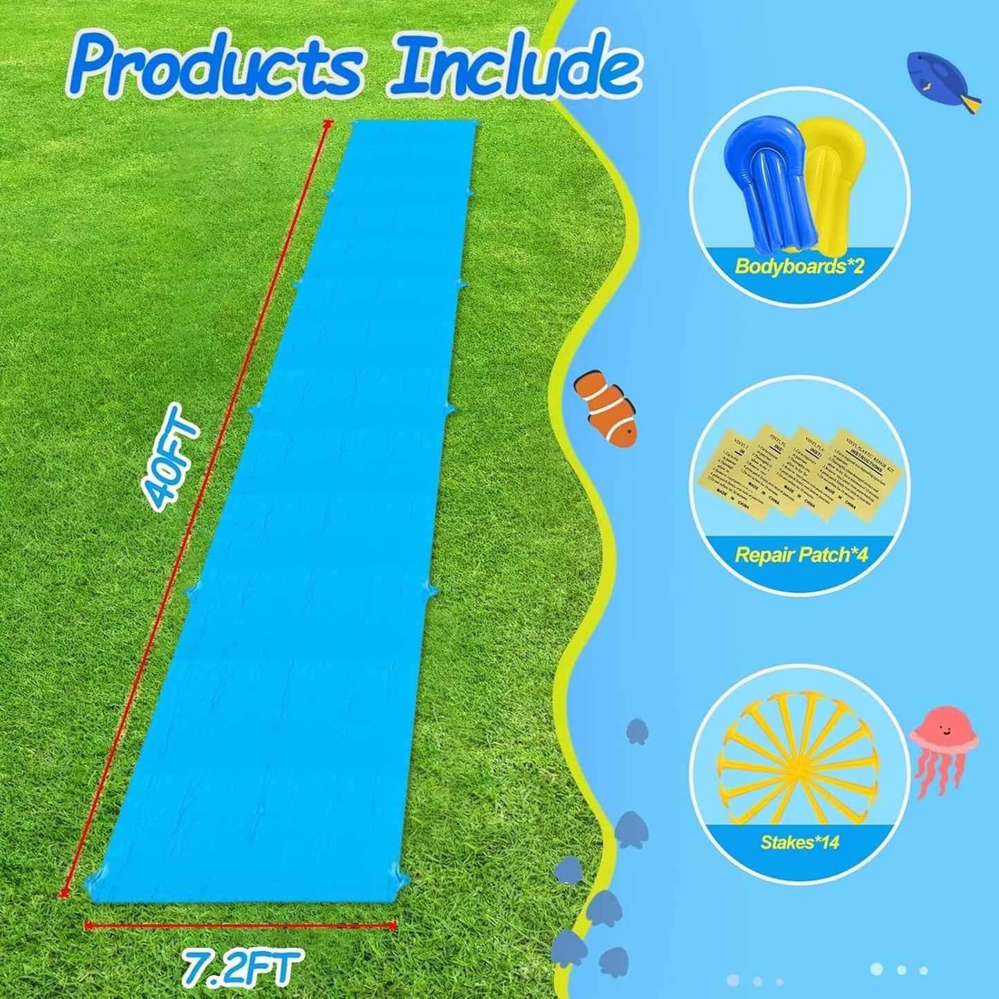 40FT Giant Slip Water Slide for Kids & Adults   Heavy Duty Backyard Summer Fun,4