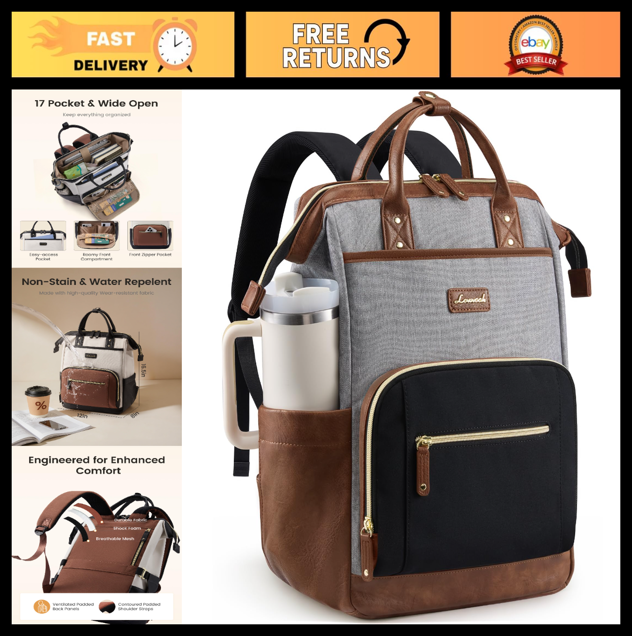 Stylish 15.6" Laptop Backpack with Tumbler Holder, Travel Bag for Work & College0