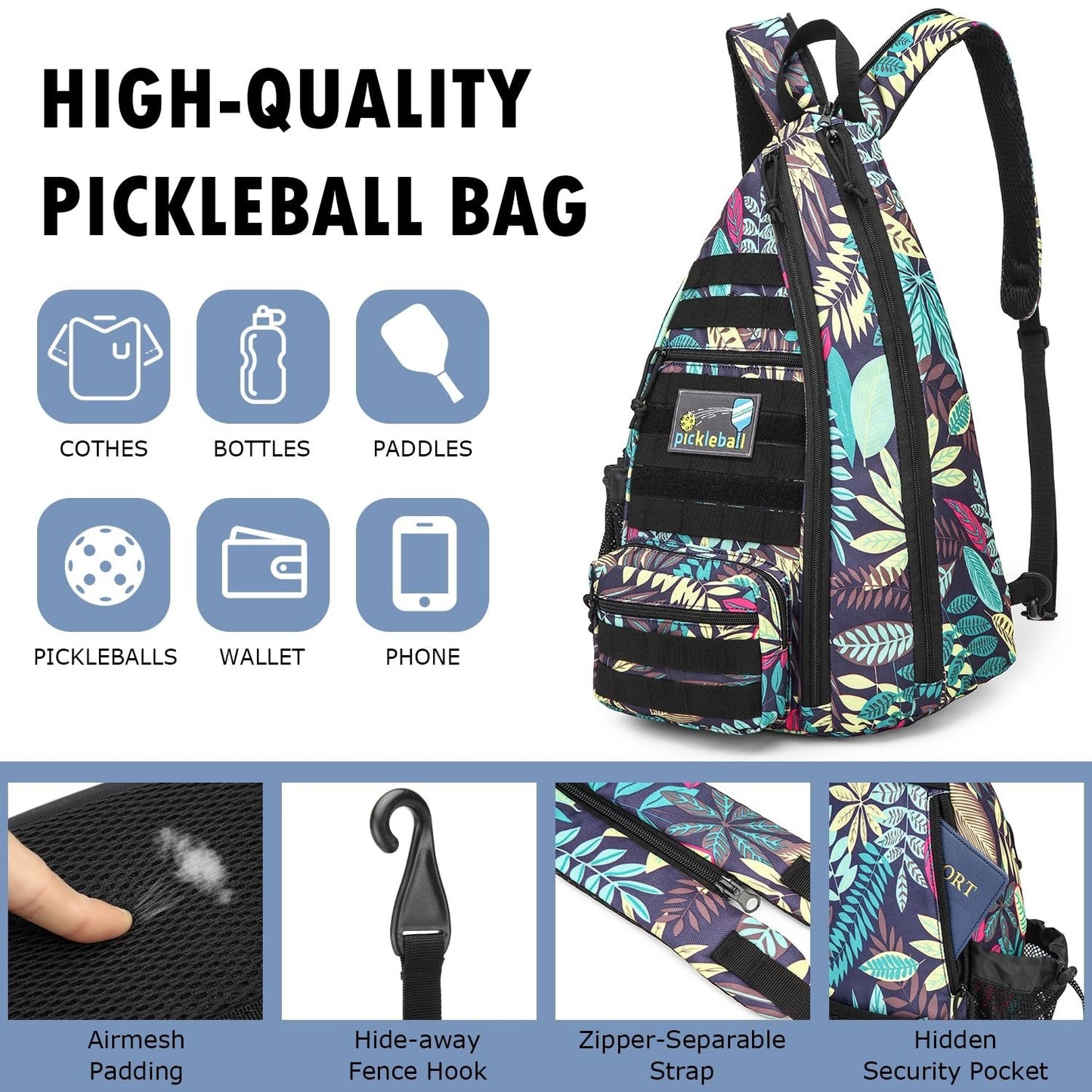 Tactical Pickleball Backpack - Adjustable Sling Bag with Fence Hook & Water Bott4