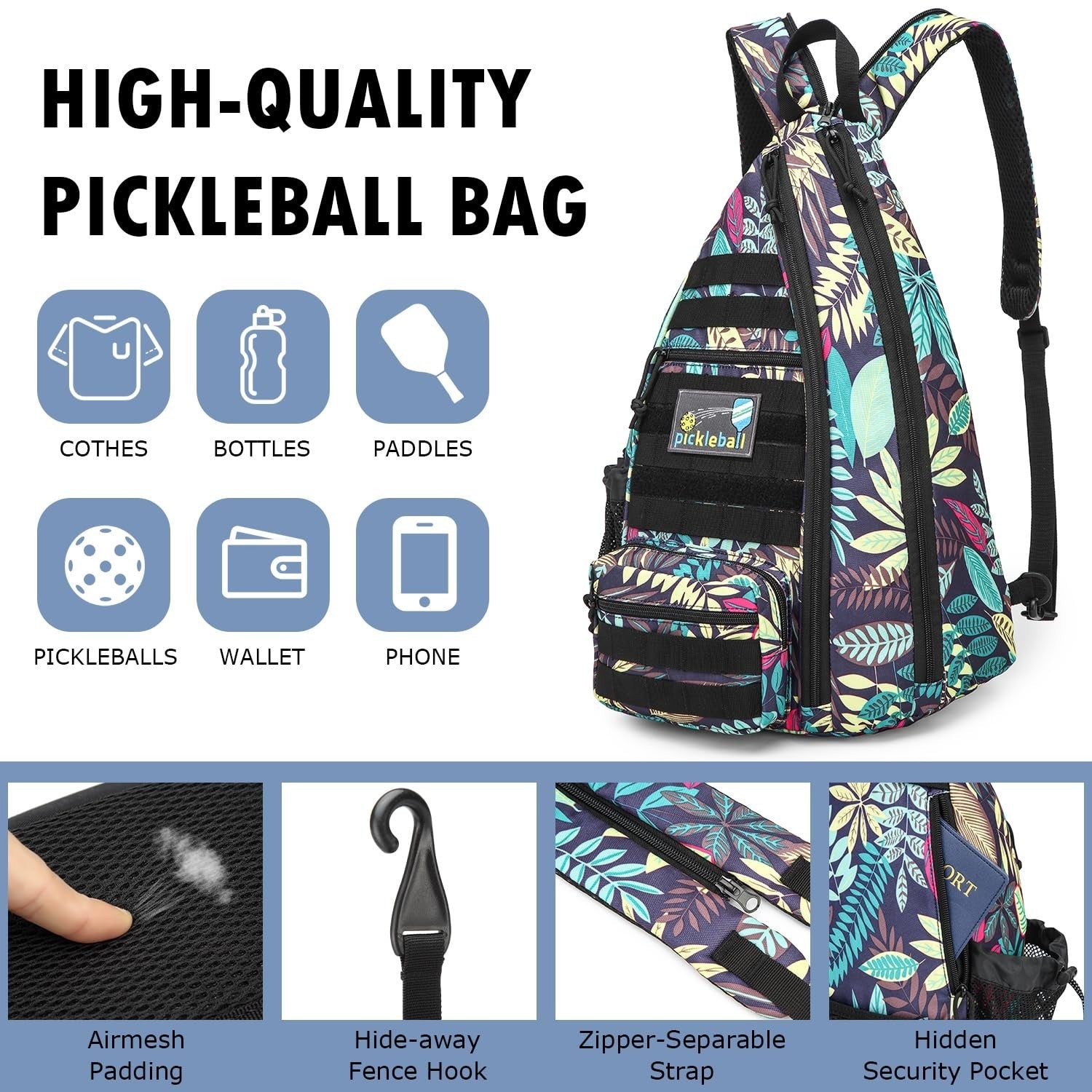 Tactical Pickleball Backpack - Adjustable Sling Bag with Fence Hook & Water Bott4