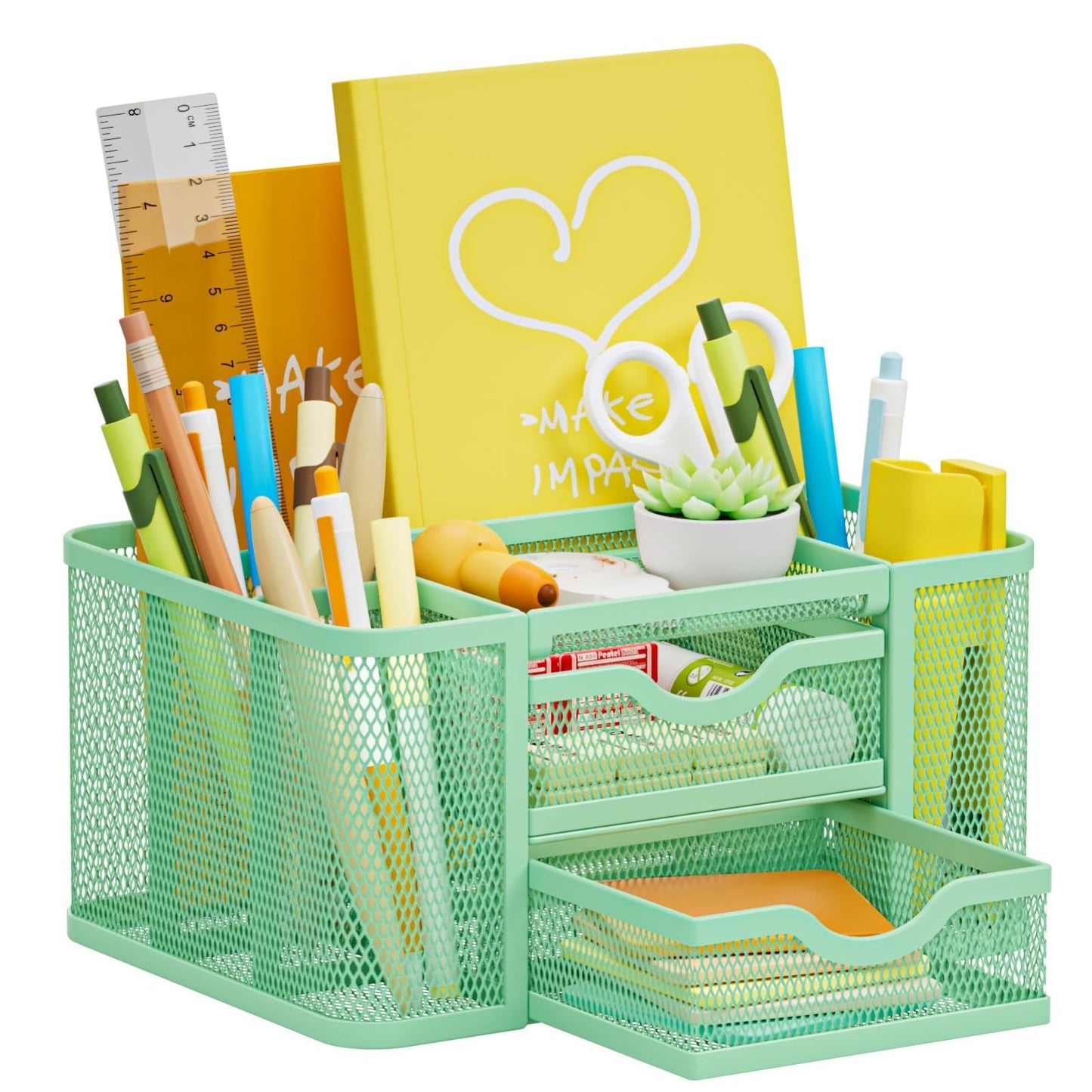 Multi Functional Mesh Desk Organizer with 2 Drawers, 5 Compartments, Green Penci1