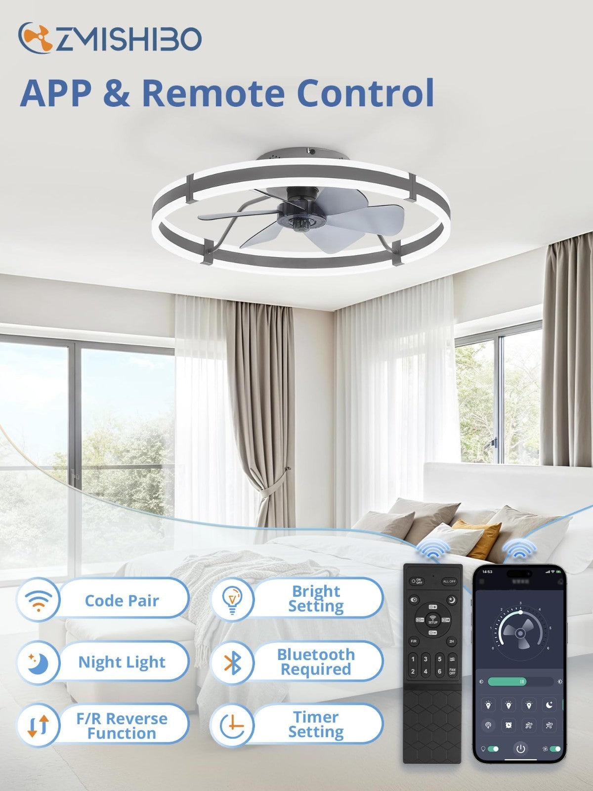 Low Profile 24'' Ceiling Fan with Lights, Remote Control, Dimmable LED, Quiet Mo5