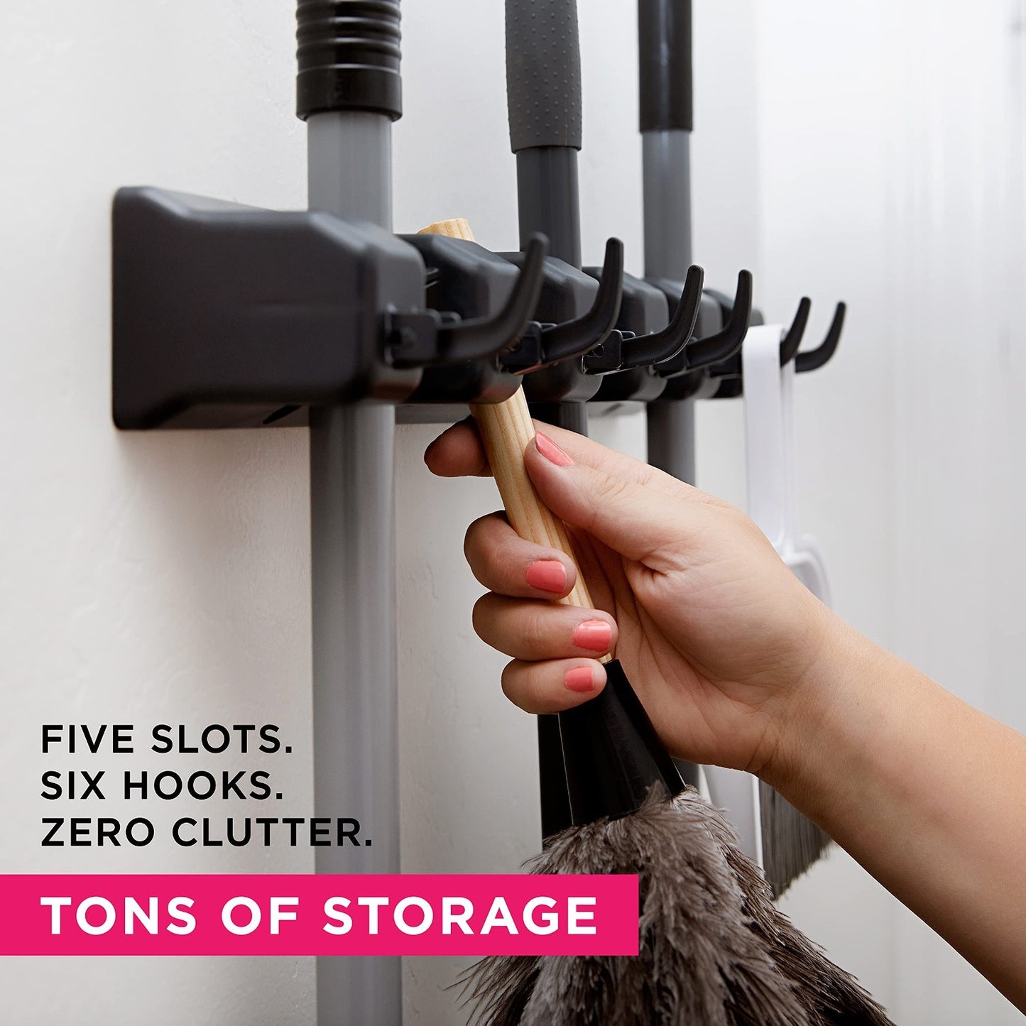 5 Slot Broom Holder & Mop Gripper - Wall Mount Tool Organizer, No-Drill, Anti-Sl7