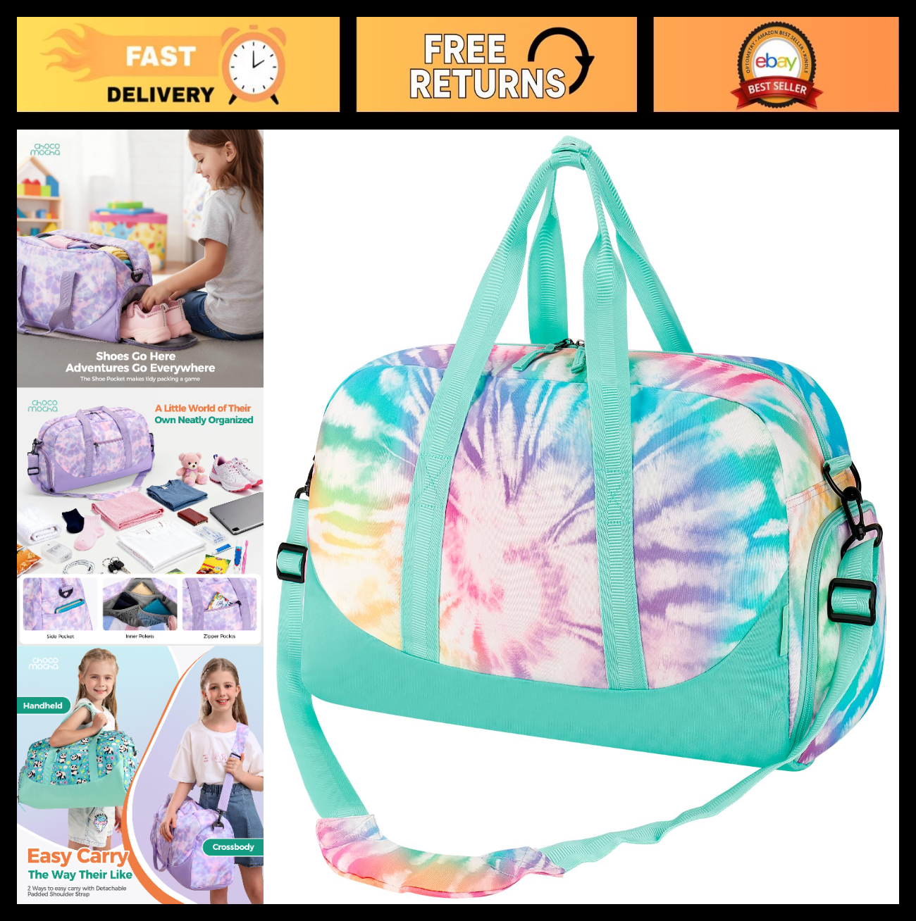 Girls Tie Dye Duffle Bag for Kids, Large Overnight Travel Bag with Shoe Compartm0