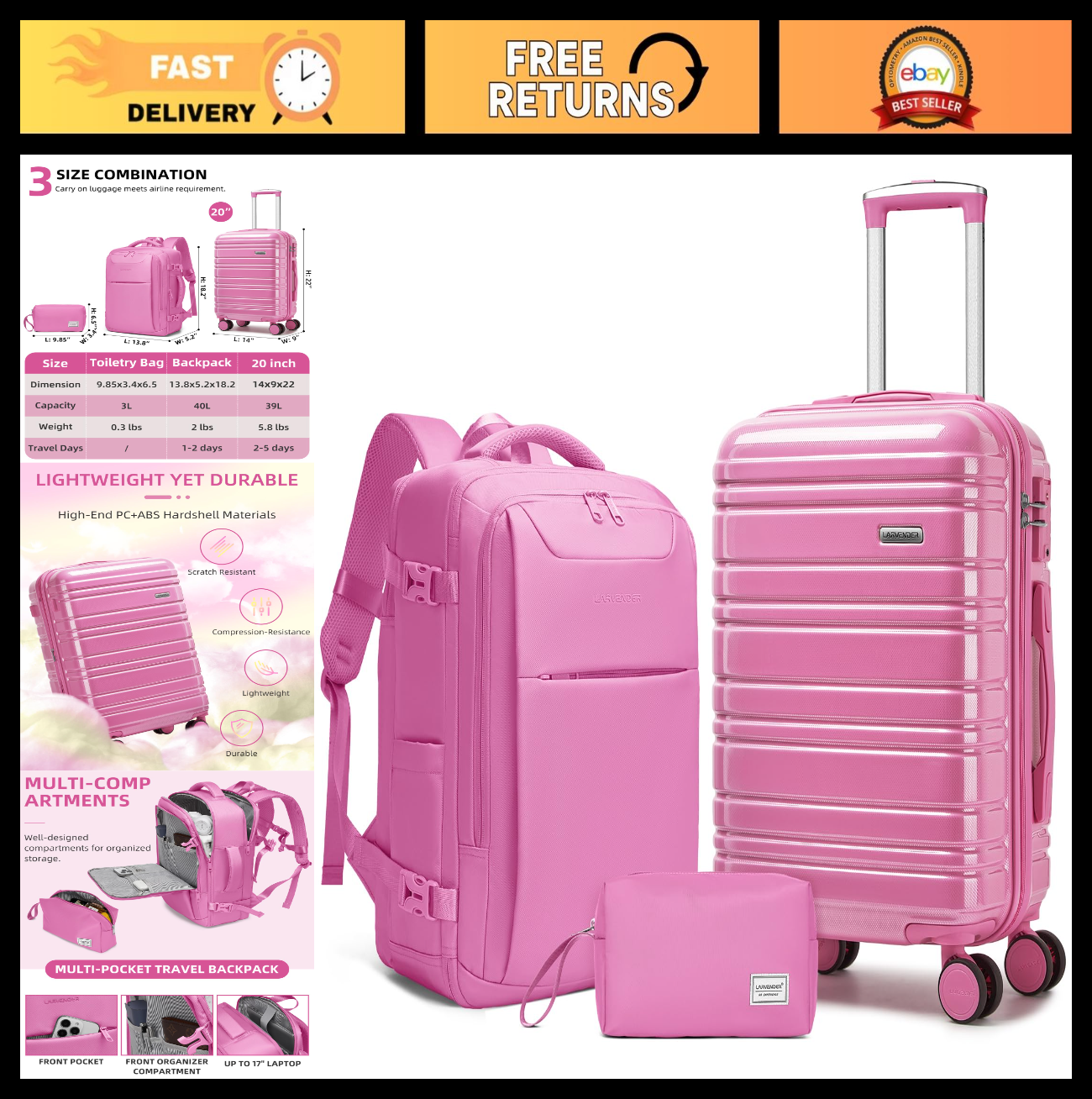 3-Piece Carry-On Luggage Set, 20" Hardshell Suitcases, Lightweight, TSA Lock, 360