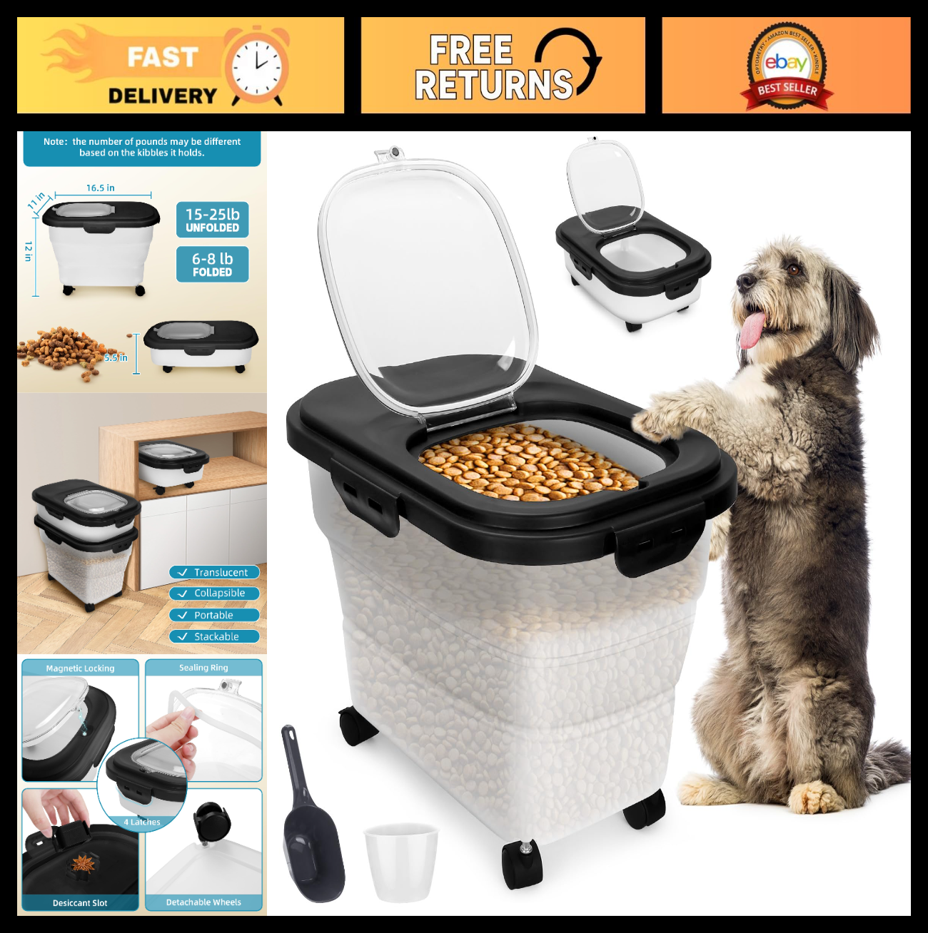 Collapsible Dog Food Storage Container 17 20 lb with Wheels, Airtight Lid & Scoo0